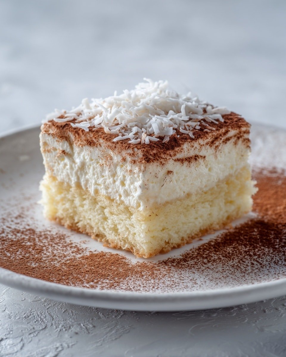 Coconut Rum (Coquito) Tiramisu Recipe - Serving Photo — Coconut Rum Tiramisu, tropical coconut tiramisu, boozy dessert recipes, easy coquito tiramisu, festive tiramisu with rum