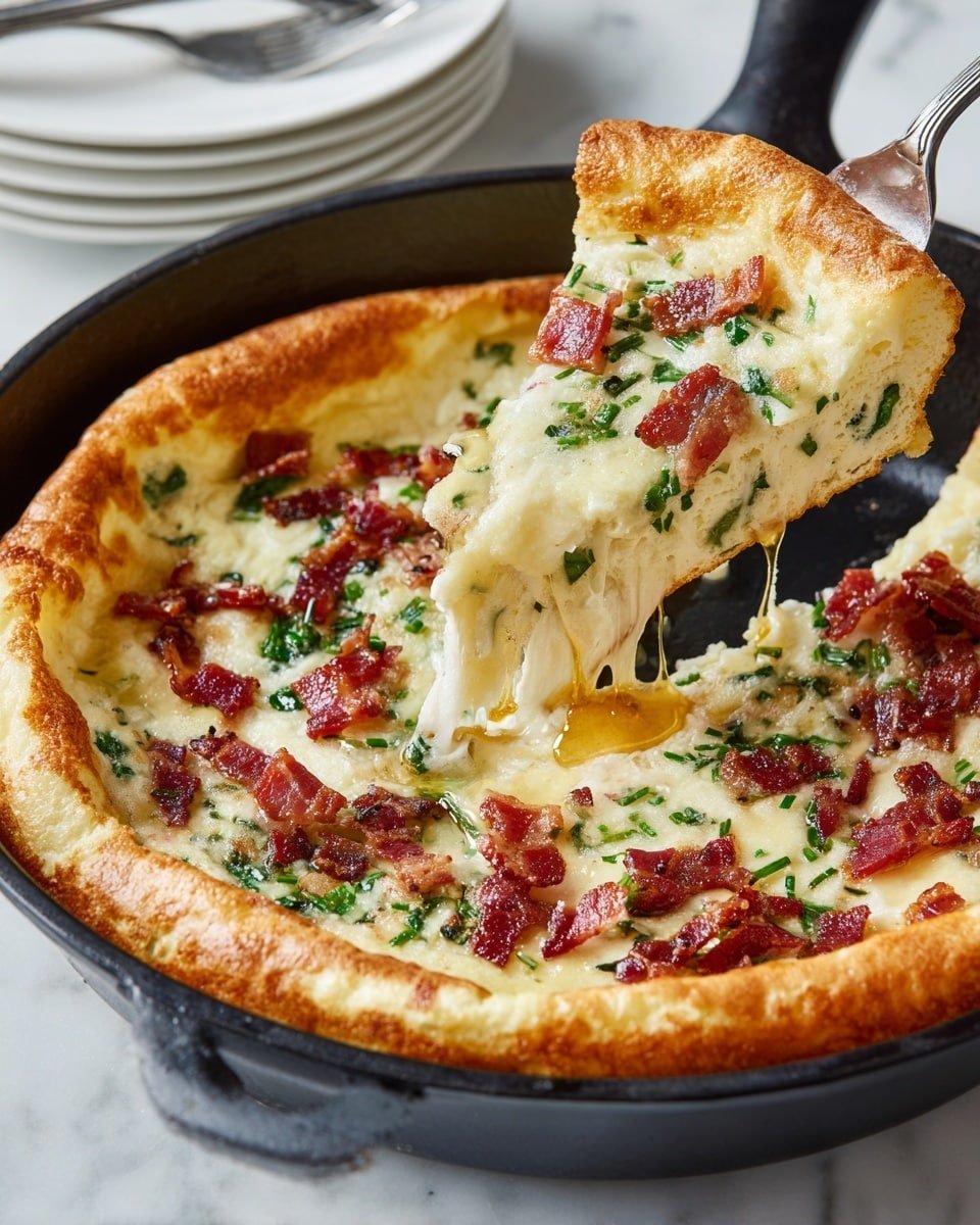 Savory Cheddar & Bacon Dutch Baby Recipe - Serving Photo — Savory Cheddar & Bacon Dutch Baby, savory Dutch baby recipe, cheesy bacon breakfast, puffy savory pancake, easy brunch ideas