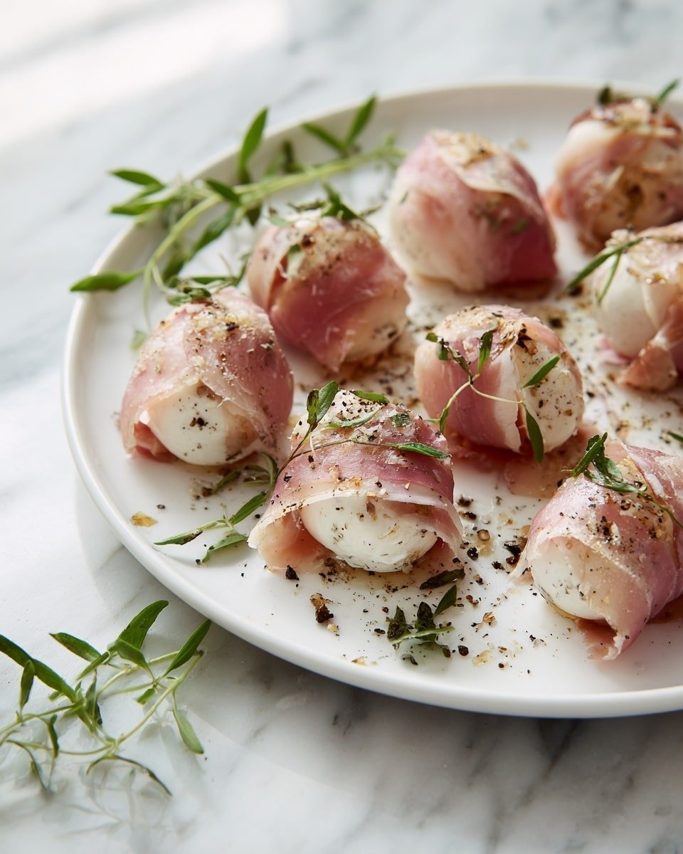 Prosciutto Wrapped Mozzarella Bites Recipe - Serving Photo — Prosciutto Wrapped Mozzarella Bites,prosciutto mozzarella appetizers,easy appetizer recipes,crowd-pleasing finger foods,quick party snacks