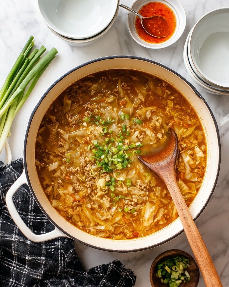 A large white pot filled with a light brown broth soup containing thin strips of cabbage and small pieces of minced meat, topped with chopped green onions scattered across the surface. The soup has a slightly oily sheen and is mixed with a wooden spoon resting inside the pot on the right side. Next to the pot, there are three stacked white bowls, a small white bowl with a spoon holding a reddish sauce, green onions arranged on the white marbled surface, and a black and white checkered cloth partially visible on the bottom right. photo taken with an iphone --ar 4:5 --v 7 — Paleo Egg Roll Soup, Healthy Egg Roll Soup, Grain-Free Egg Roll Soup, Low-Carb Egg Roll Soup, Paleo Dinner Ideas