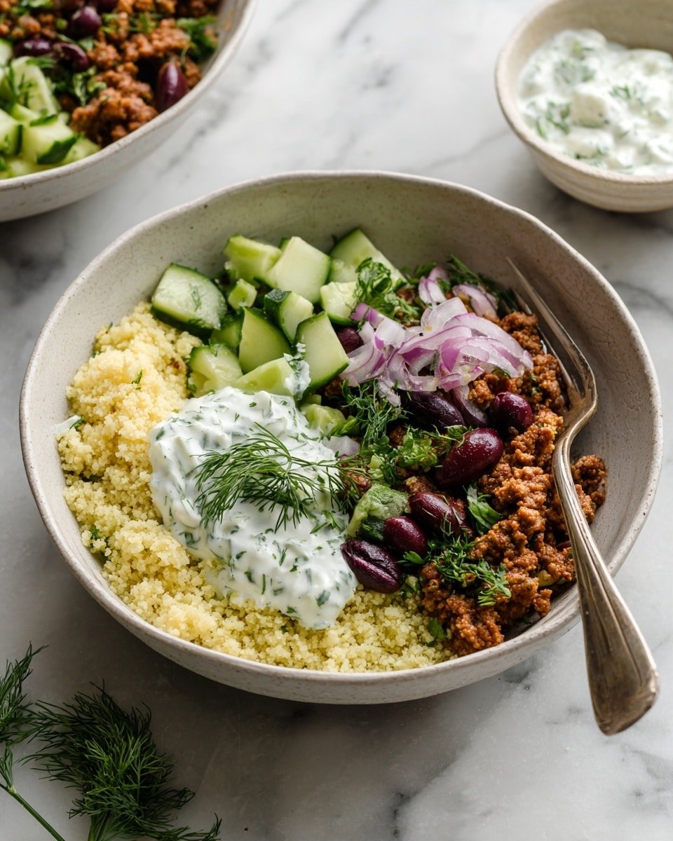The image shows a bowl with three main layers: on the left side there is a light yellow cauliflower rice layer with a coarse, grainy texture; on the right side, there is a layer of light brown cooked ground meat mixed with green cucumber pieces, chopped purple onion, dark red olives, and fresh green herb leaves, all finely chopped and mixed evenly; on top in the center, there is a dollop of white yogurt sauce with visible green herb pieces and a sprig of fresh dill as garnish. A silver fork is placed inside the bowl resting on the right edge, partially in the meat mixture. The bowl is off-white with a subtle texture, sitting on a white marbled surface with a small sprig of dill nearby. In the background, a matching bowl with similar food and a white bowl with more white yogurt sauce are slightly blurred. photo taken with an iphone --ar 4:5 --v 7 — Healthy Greek Ground Chicken Bowls, Greek chicken bowls, healthy dinner ideas, quick Greek ground chicken recipe, nutritious meal bowls