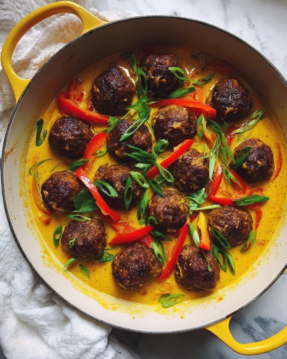 A round white pan with bright yellow handles holds about twenty dark browned meatballs in a thick yellow curry sauce. Thin slices of red bell pepper and green chopped spring onions float in the sauce over and around the meatballs. The background is a white marbled texture with a white cloth partly visible near the pan handle. photo taken with an iphone --ar 4:5 --v 7 — Jerk Pork Meatballs in Coconut Curry Sauce, Caribbean pork meatballs, coconut curry sauce recipe, spicy jerk meatballs, easy Caribbean dinner