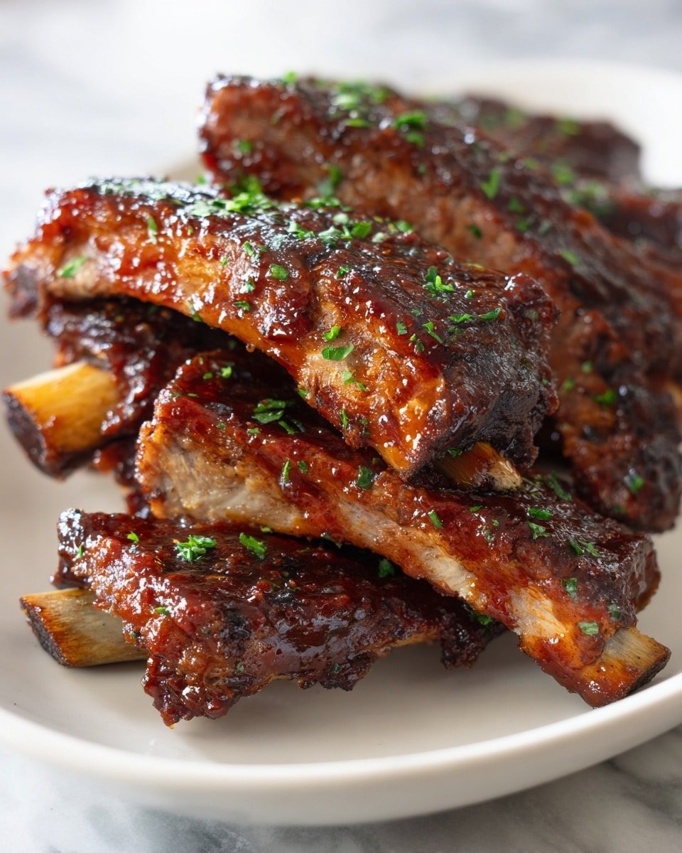 A close-up view of several dark brown glazed ribs stacked on a white plate, each rib showing a shiny, sticky texture with visible sauce coating, and bits of bright green chopped herbs sprinkled lightly on top. The ribs have a rich, caramelized look with the bone ends showing a light tan color. The plate sits on a white marbled surface. photo taken with an iphone --ar 4:5 --v 7 — Caramelized Slow Roast Asian Beef Short Ribs, Asian Beef Ribs recipe, Sticky glazed beef short ribs, Tender Asian short ribs, Slow roasted beef ribs