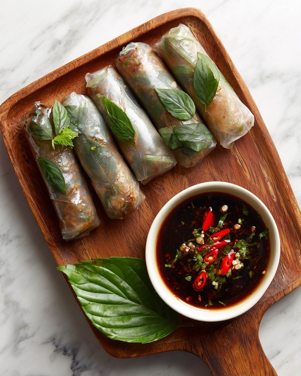 A wooden tray holds six glossy, browned spring rolls arranged in two rows, each spring roll wrapped in thin translucent rice paper showing a coarse meat filling inside, garnished with green leaves stuck to the surface with a shiny glaze. To the right, a white bowl filled with dark dipping sauce is scattered with red and green chili slices and chopped herbs. A green leaf sits on the wooden tray near the bowl, all set on a white marbled textured surface. Photo taken with an iphone --ar 4:5 --v 7 — Thai Basil Beef Rolls, Thai Basil Beef Wraps, Fresh Thai Appetizers, Thai Beef Spring Rolls, Easy Thai Recipes