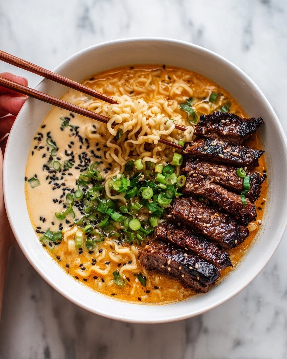A white bowl filled with ramen noodles in a rich, orange broth on the right side, topped with thick, grilled slices of dark brown meat with light charring and bright green chopped green onions sprinkled over them. On the left side, there is a smooth, creamy light beige sauce with black sesame seeds and green onion pieces scattered on top. A woman's hand holding light wooden chopsticks lifts a clump of the curly noodles from the bowl. The bowl is placed on a white marbled surface. Photo taken with an iphone --ar 4:5 --v 7 — Spicy Korean Ramen with Grilled Beef & Creamy Sauce, Korean spicy ramen recipe, grilled beef noodle bowl, spicy ramen with beef and sauce, Korean-inspired ramen dish
