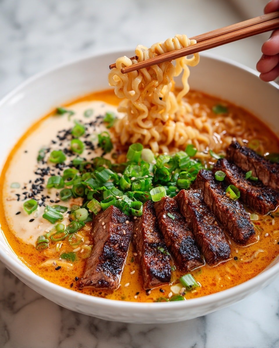 Spicy Korean Ramen with Grilled Beef & Creamy Sauce Recipe - Serving Photo — Spicy Korean Ramen with Grilled Beef & Creamy Sauce, Korean spicy ramen recipe, grilled beef noodle bowl, spicy ramen with beef and sauce, Korean-inspired ramen dish