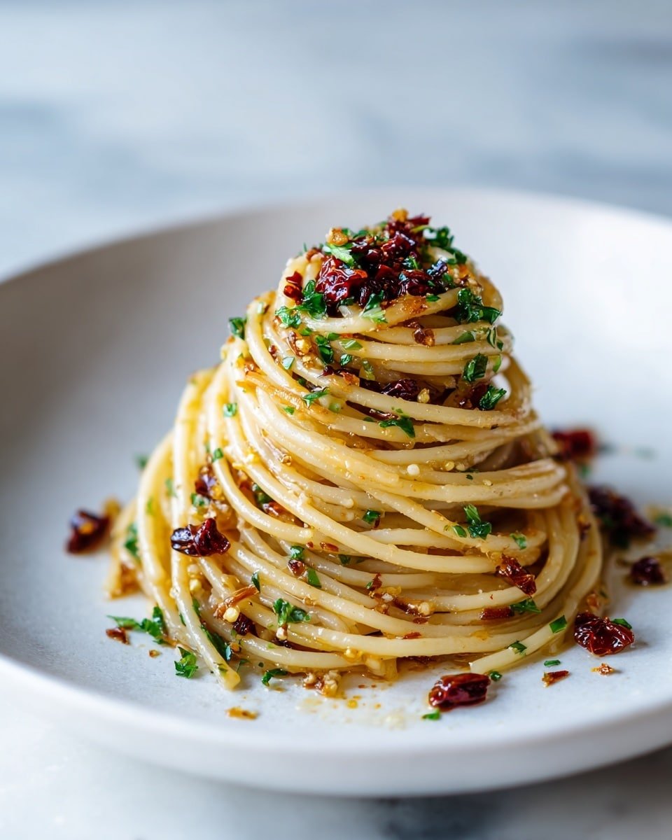 A round white plate holds a neat mound of spaghetti noodles twisted into a small tower at the center. The noodles are golden with a slight shine from the sauce, mixed with small bits of browned garlic and chili flakes. Scattered on top are small dark red dried chili peppers and a sprinkle of finely chopped green herbs, adding texture and color contrast. The plate sits on a white marbled surface. photo taken with an iphone --ar 4:5 --v 7 — Caramelized Onion Pasta with Chilli Oil, caramelized onion pasta recipe, spicy pasta with onions, easy caramelized onion pasta, flavorful pasta with chilli oil