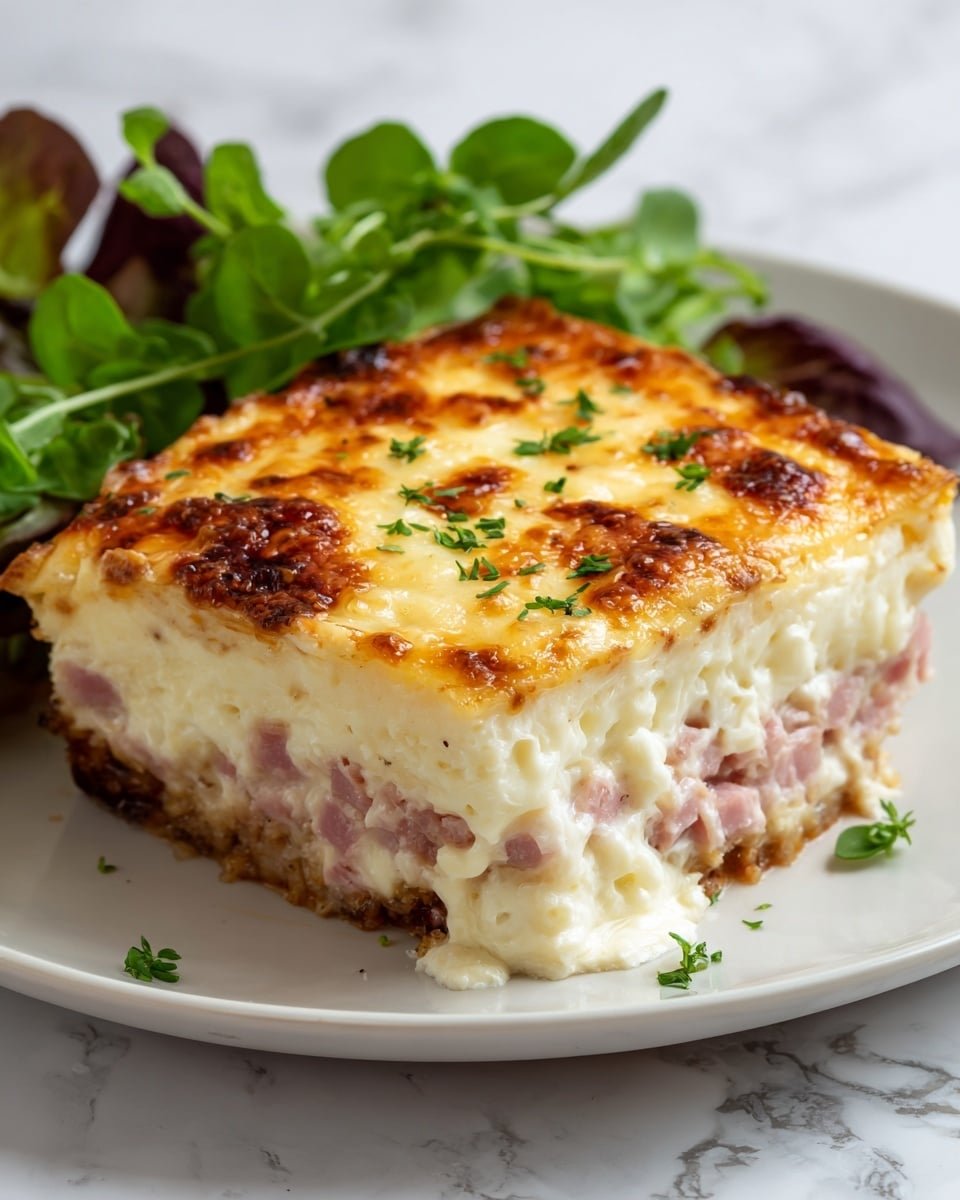 A close-up of a square slice of creamy, cheesy baked dish on a white plate sitting on a white marbled surface. There are three visible layers: the bottom layer is a dark golden-brown crust, the middle layer is thick and creamy white filling with bits of pink ham mixed in, and the top layer is a browned, bubbly melted cheese with golden spots, sprinkled with small green herb pieces. A small bunch of fresh green leaves is placed next to the slice. The photo taken with an iphone --ar 4:5 --v 7 — Croque Monsieur Pie, savory French pie, ham and cheese pie, French comfort food, cheesy baked pie
