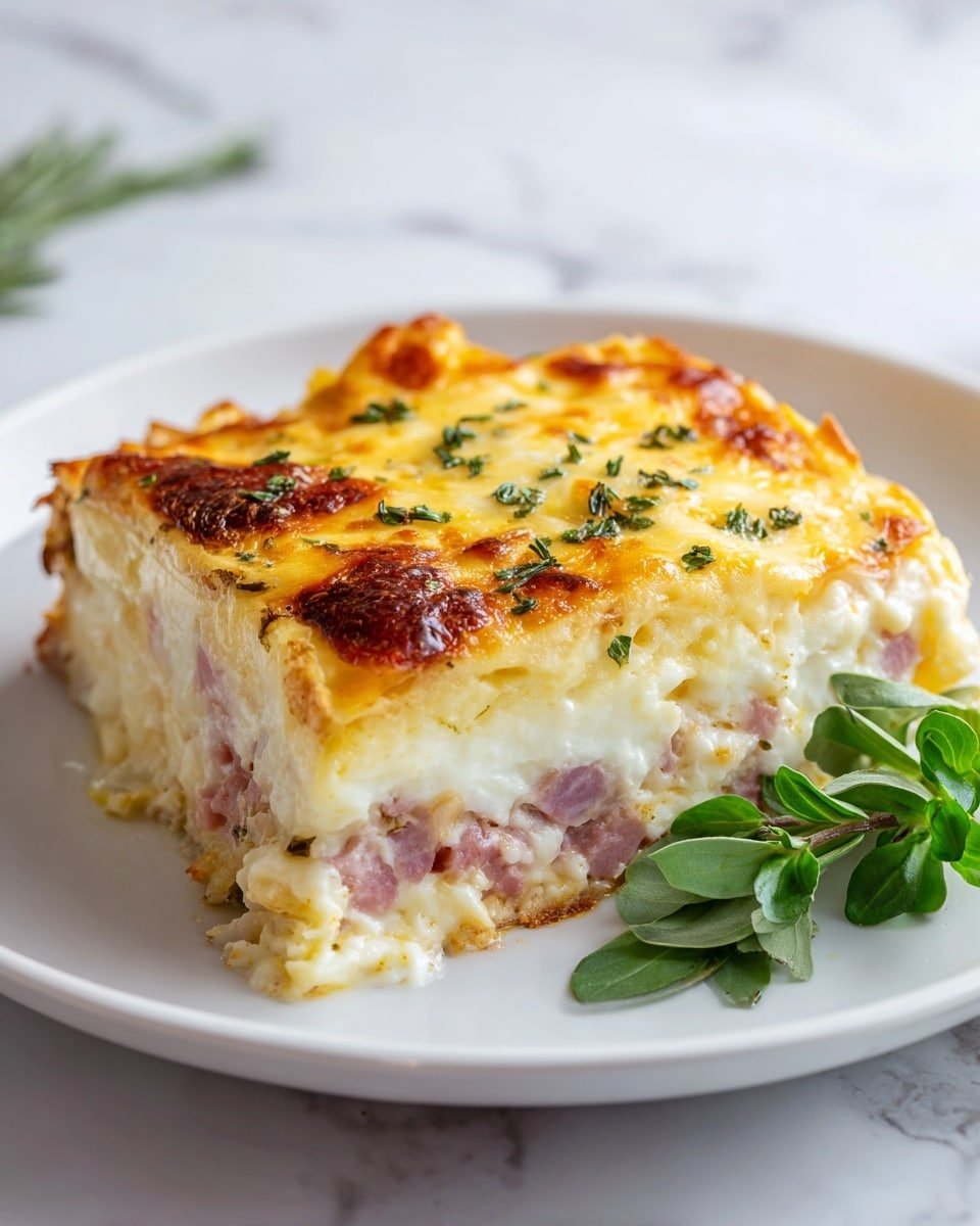 Croque Monsieur Pie: A Savory French Twist on Comfort Food Recipe - Serving Photo — Croque Monsieur Pie, savory French pie, ham and cheese pie, French comfort food, cheesy baked pie