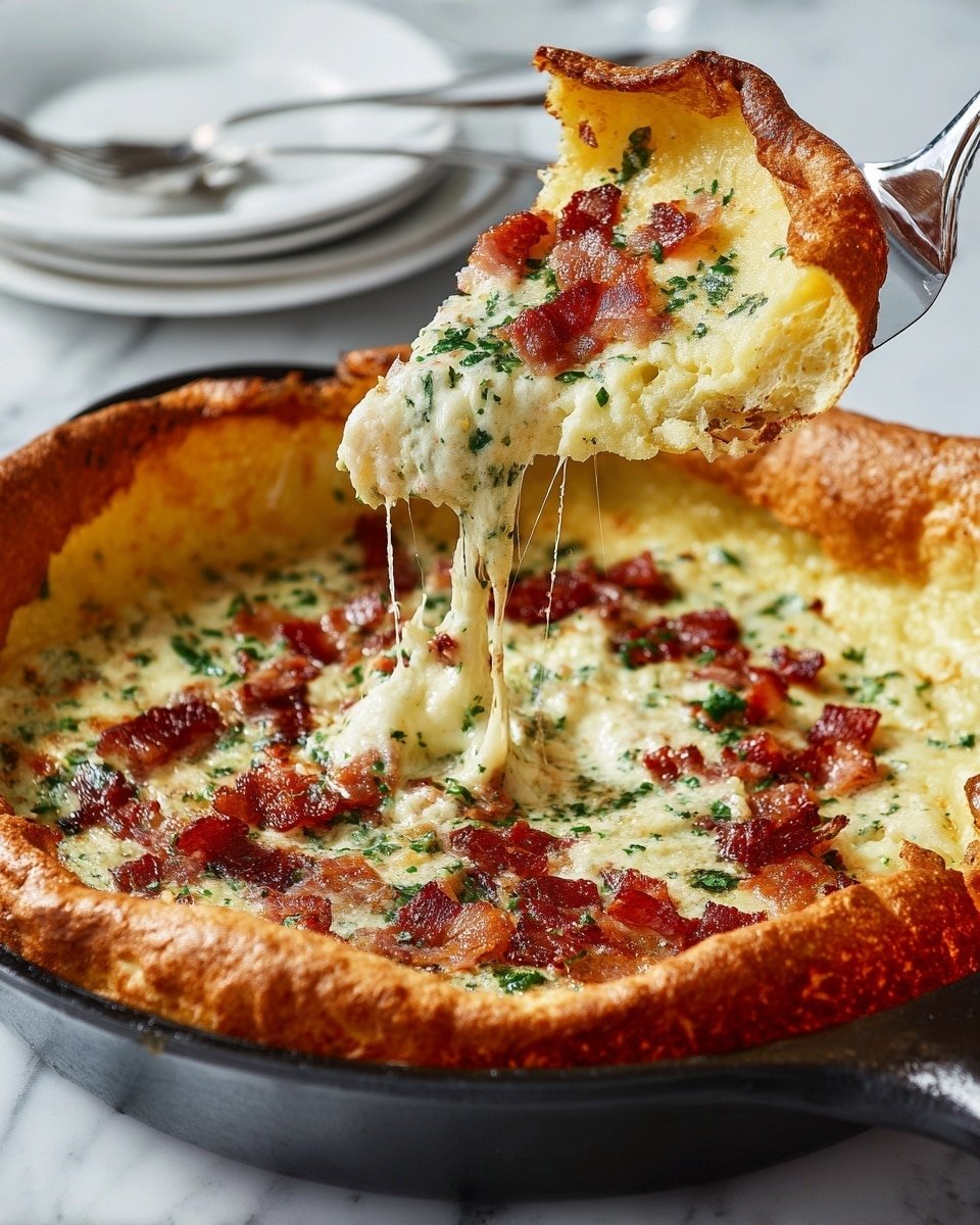 This image shows a thick, golden-brown puffed pancake baked in a black skillet. The pancake has a light, airy inside with a cream color mixed with green herbs and melted cheese, topped with crispy small red bacon pieces scattered on the surface. A slice is being lifted by a shiny metal spatula, with cheese stretching from the main pancake to the slice. The background features a white marbled surface with blurred white plates. Photo taken with an iphone --ar 4:5 --v 7 — Savory Cheddar & Bacon Dutch Baby, Dutch Baby Breakfast Recipe, Savory Pancake with Cheese and Bacon, Easy Breakfast Brunch Ideas, Cast Iron Dutch Baby