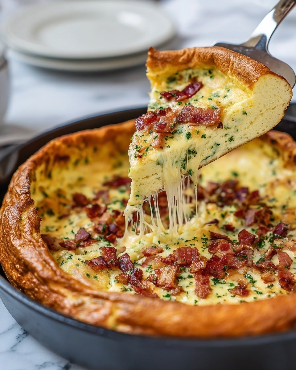 Savory Cheddar & Bacon Dutch Baby Recipe - Serving Photo — Savory Cheddar & Bacon Dutch Baby, Dutch Baby Breakfast Recipe, Savory Pancake with Cheese and Bacon, Easy Breakfast Brunch Ideas, Cast Iron Dutch Baby