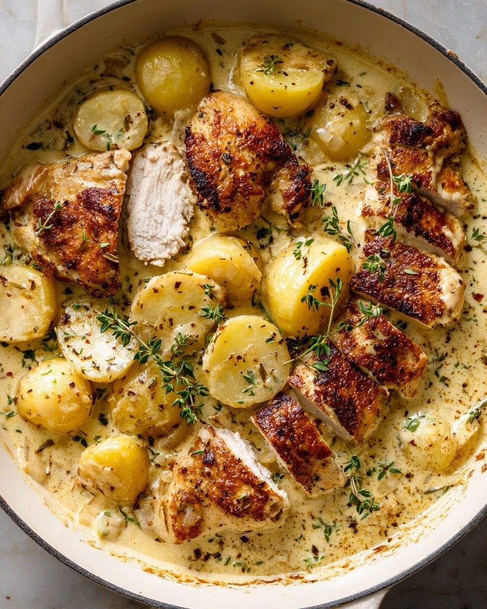 French Chicken Casserole à la Normande Recipe - Serving Photo — French Chicken Casserole à la Normande, hearty French chicken casserole, cider chicken bake, Norman apple chicken dish, rustic French chicken recipe