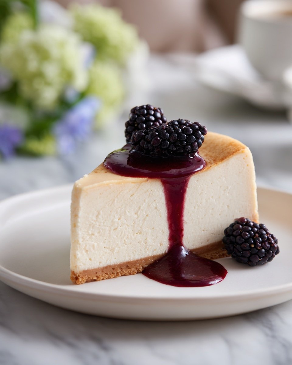 London Fog Basque Cheesecake with Blackberry Sauce Recipe - Recipe Image — London Fog Basque Cheesecake with Blackberry Sauce, Earl Grey Cheesecake, Basque Cheesecake with Berry Sauce, Elegant Tea-infused Cheesecake, Blackberry Dessert with Cheesecake