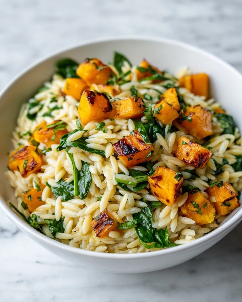 Creamy Roasted Butternut Squash and Spinach Orzo Recipe - Recipe Image — Creamy Roasted Butternut Squash and Spinach Orzo, healthy butternut squash pasta, savory spinach orzo recipe, comforting vegetarian dinner, easy seasonal pasta dish