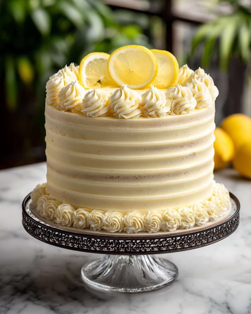 Creamy Lemon Cheesecake Cake Recipe - Recipe Image — Creamy Lemon Cheesecake Cake, lemon cheesecake dessert, citrus cheesecake recipe, layered lemon cake, no-bake cheesecake with lemon