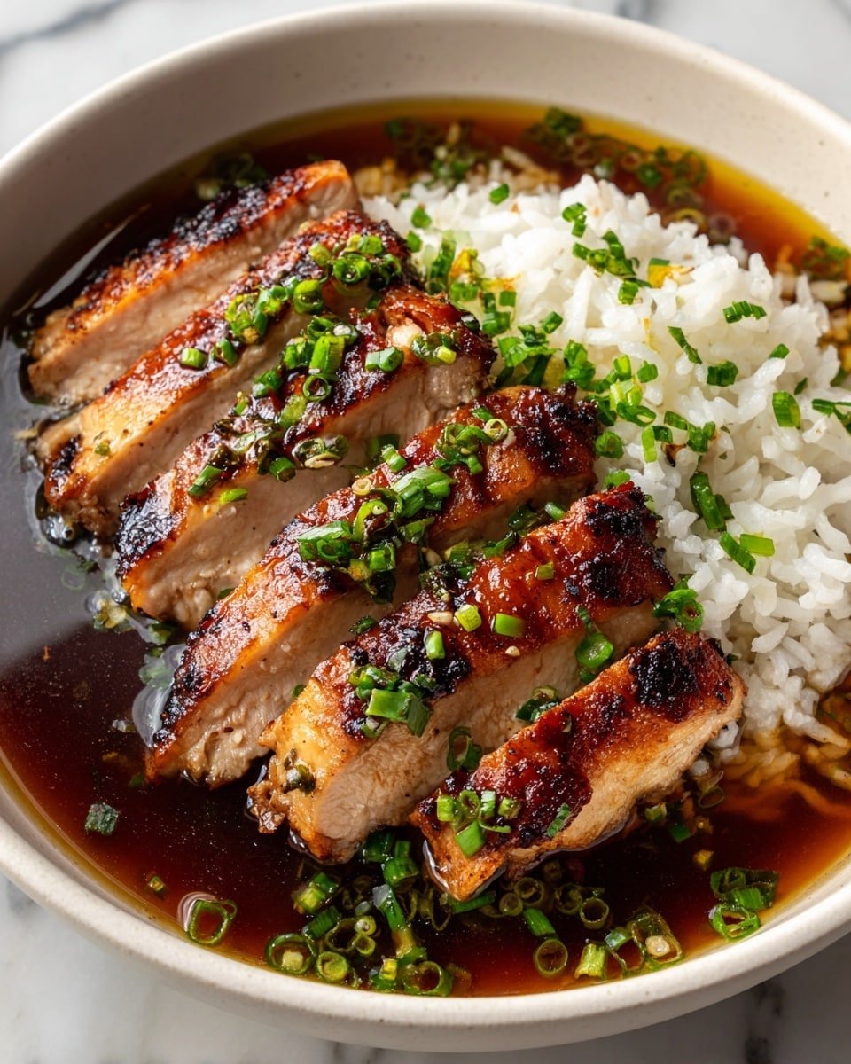 Caramelised Soy Chicken in Garlic Ginger Broth with Rice Recipe - Recipe Image — Caramelised Soy Chicken in Garlic Ginger Broth with Rice, soy chicken recipe, garlic ginger chicken broth, caramelized chicken dinner, savory rice bowl