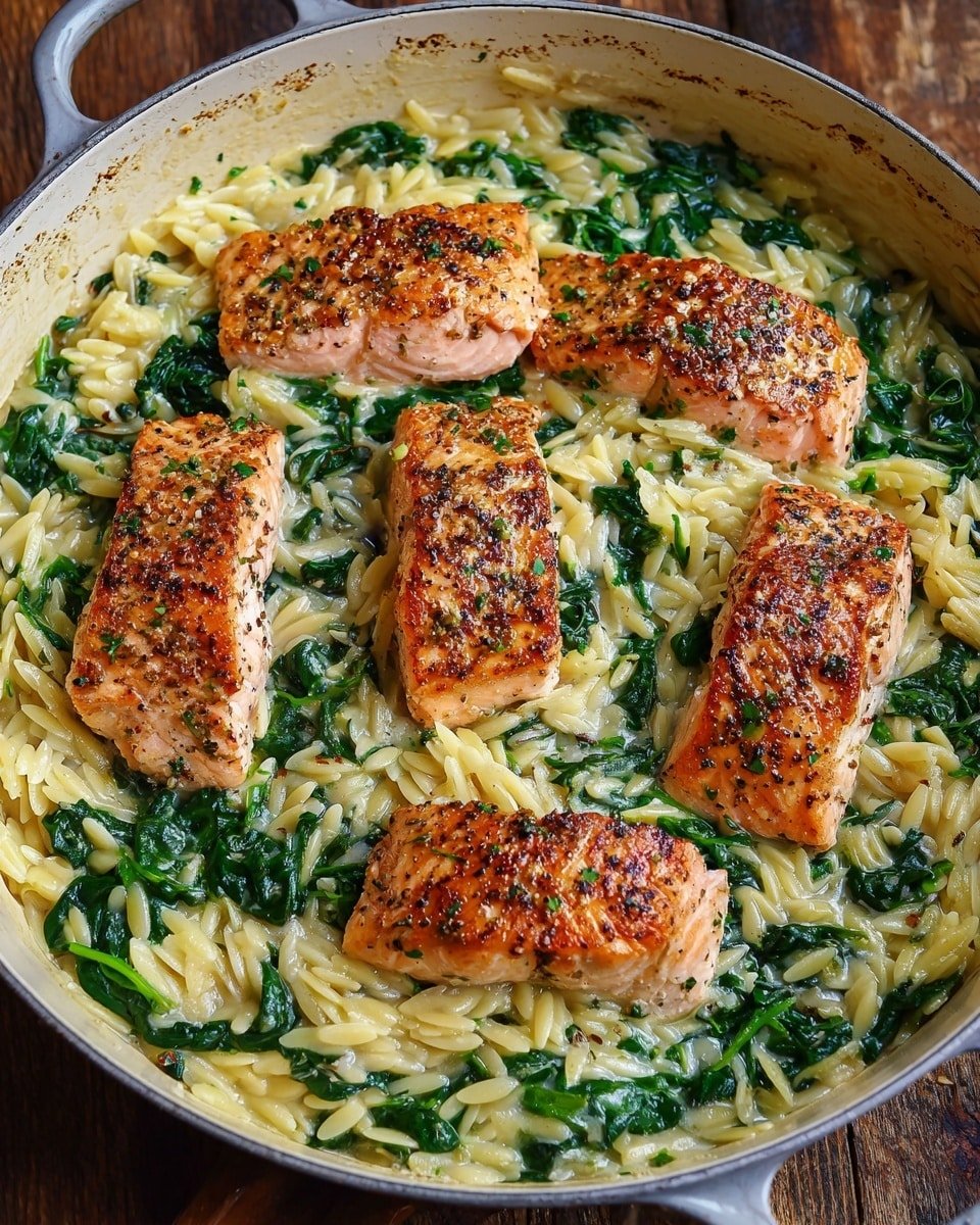 One Skillet Salmon with Lemon Orzo Recipe - Recipe Image — One Skillet Salmon with Lemon Orzo, lemon orzo salmon, easy salmon dinner, skillet salmon recipe, quick fish recipes