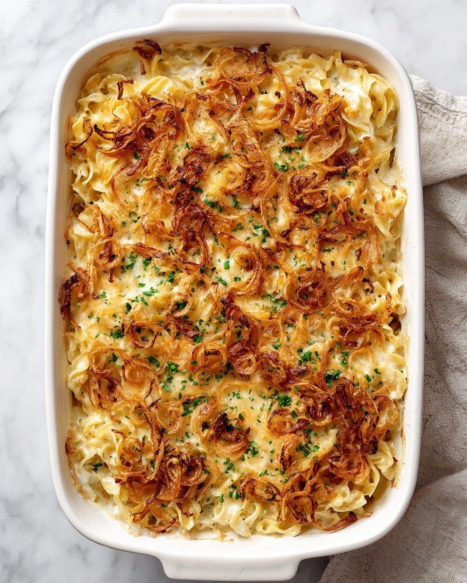 French Onion Chicken Orzo Casserole Recipe - Recipe Image — French Onion Chicken Orzo Casserole, easy chicken casserole recipes, comforting baked pasta dishes, French onion-inspired dinner, cheesy chicken orzo bake