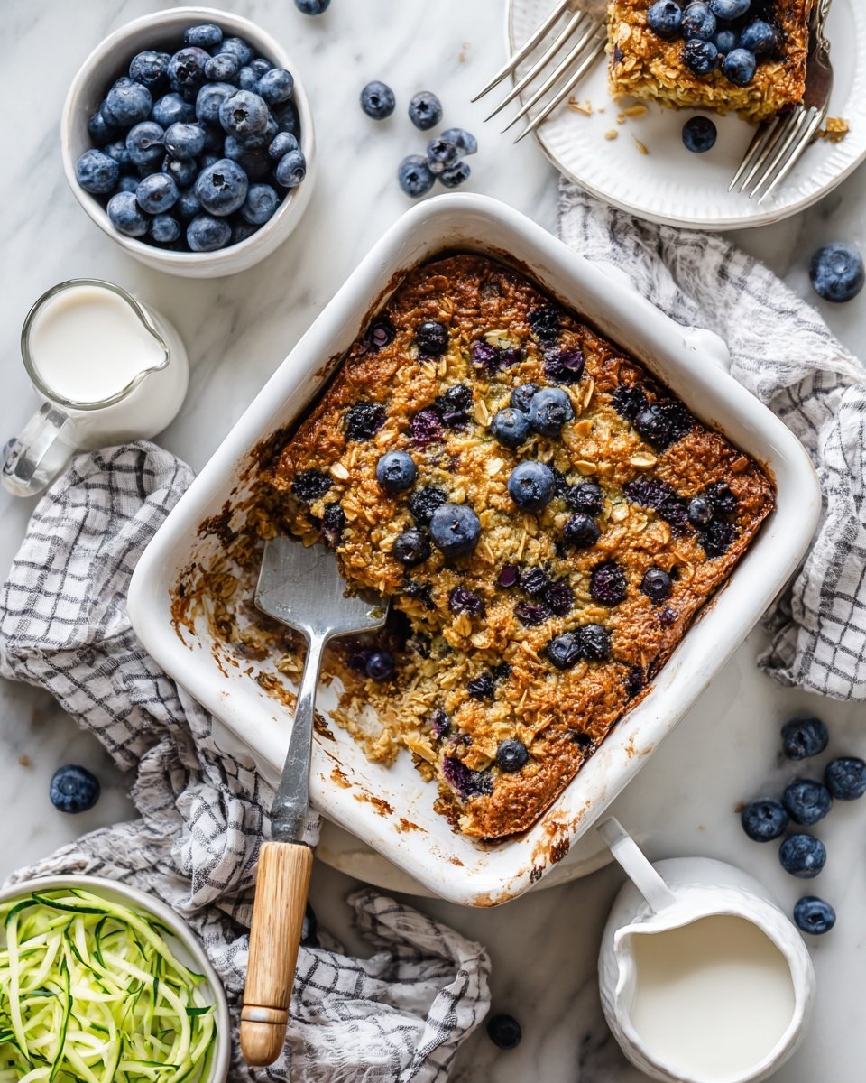 A square white baking dish filled with a golden brown baked oatmeal topped with dark blue blueberries, some of which are slightly sunken and mixed in the oatmeal. One corner is scooped out revealing a dense texture with scattered blueberries inside. A metal spatula with a wooden handle rests inside the dish, partly under the scooped section. The dish sits on a white marbled surface scattered with blueberries. Around it, there is a small white plate with shredded green zucchini, a stack of white plates with a piece of the baked oatmeal topped with blueberries and a metal fork, a small white pitcher with milk, a bowl filled with blueberries, and a grey and white checked kitchen towel. Photo taken with an iphone --ar 4:5 --v 7 — Zucchini Blueberry Baked Oatmeal, healthy breakfast ideas, easy baked oatmeal recipe, nutritious morning dishes, blueberry zucchini baked oats