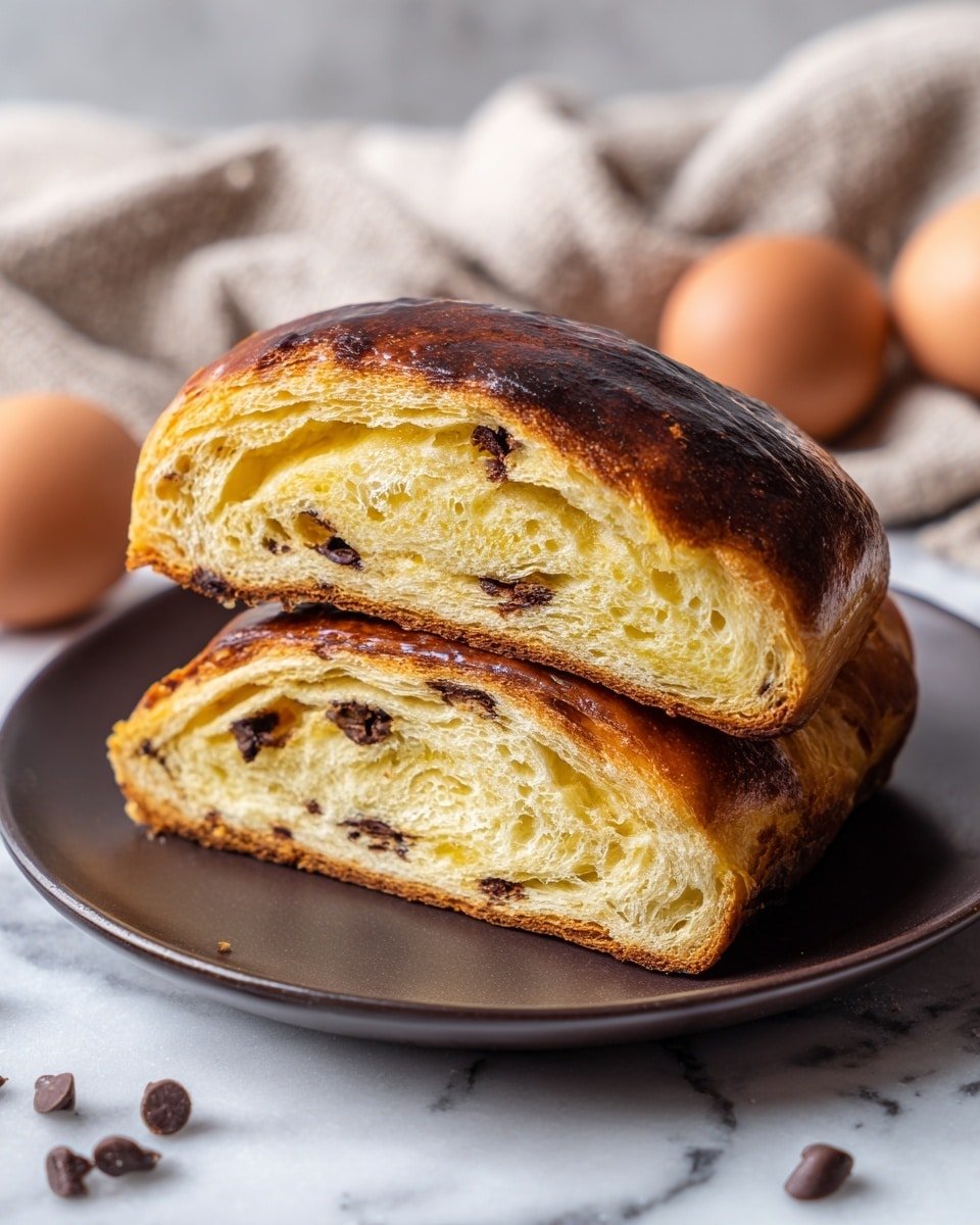 Chocolate Chip Vanilla Custard Brioches Recipe - Recipe Image — Chocolate Chip Vanilla Custard Brioches, brioche with vanilla custard and chocolate chips, homemade breakfast brioche, sweet brunch bread, indulgent dessert bread