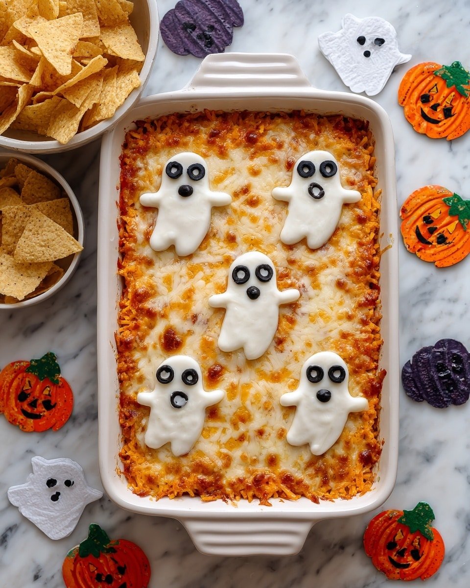 Halloween Buffalo Chicken Dip (Booffalo Dip) Recipe - Recipe Image — Halloween Buffalo Chicken Dip, Booffalo Dip, spicy Halloween appetizer, cheesy buffalo chicken dip, ghost cheese Halloween dip