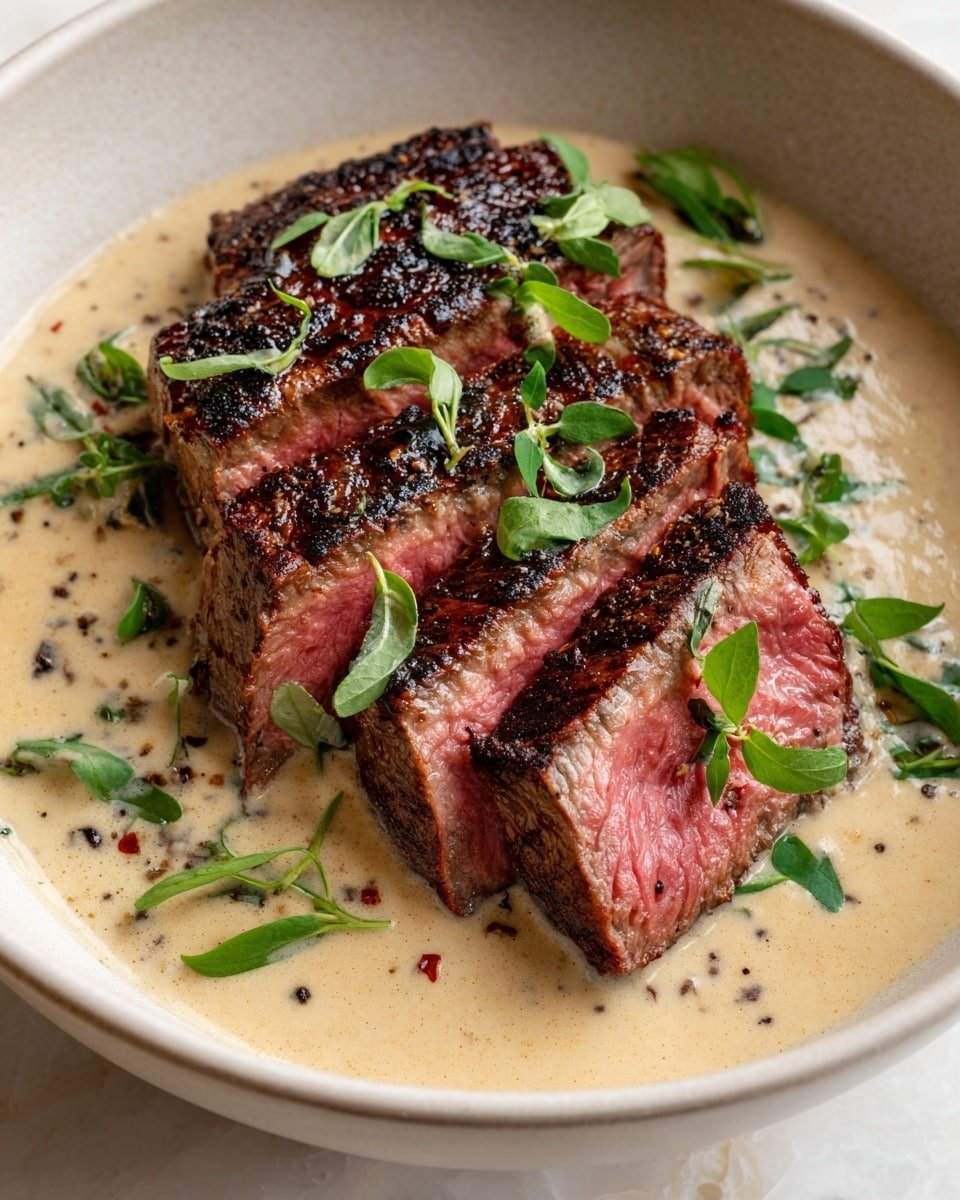Cast Iron Bavette Steak with Whiskey Garlic Cream Sauce Recipe - Serving Photo — Cast Iron Bavette Steak with Whiskey Garlic Cream Sauce, bavette steak recipes, whiskey garlic steak sauce, easy cast iron steak, gourmet steak dinner