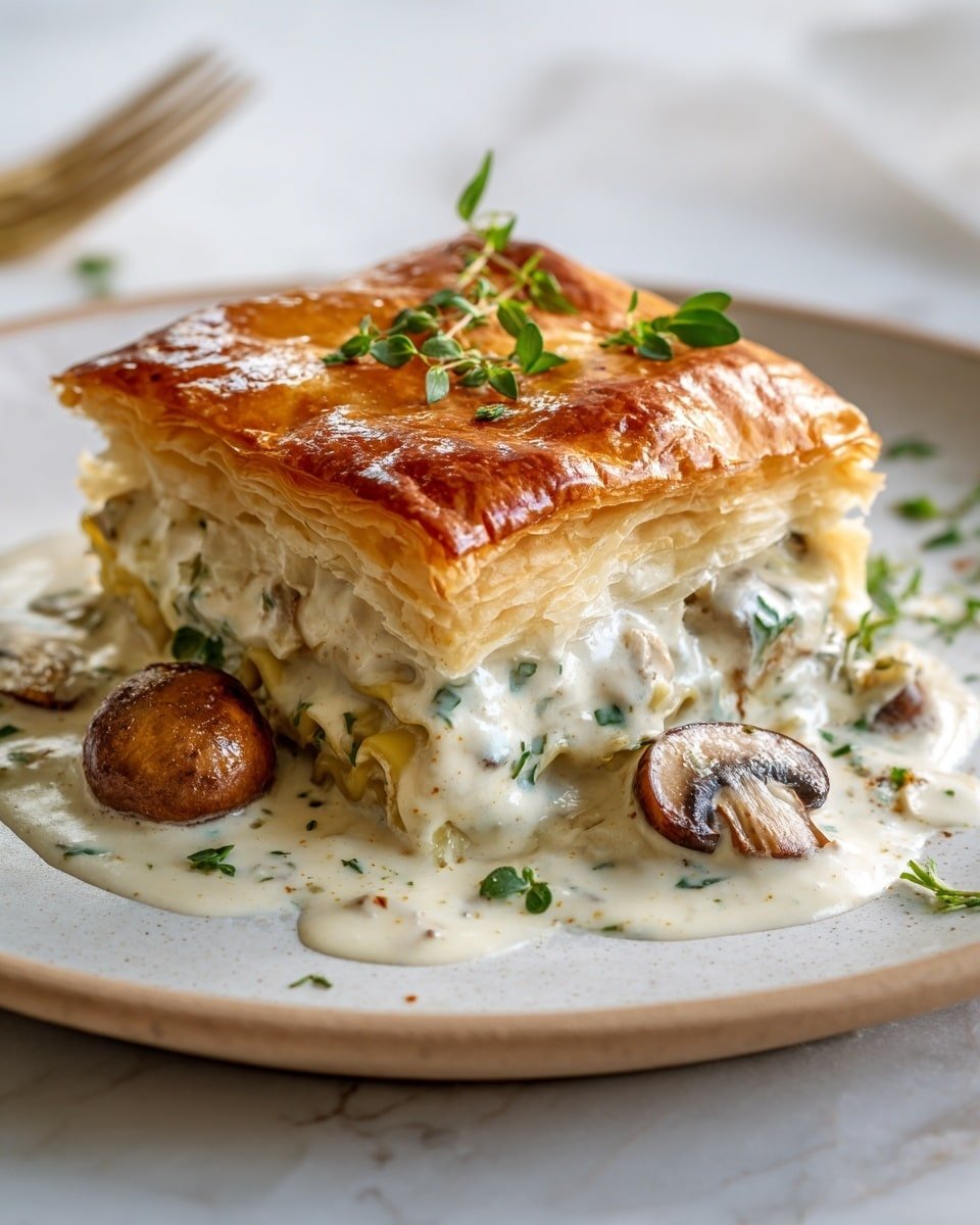 Savory French Chicken and Mushroom Pie Recipe - Serving Photo — Savory French Chicken and Mushroom Pie, Chicken and Mushroom Pie recipe, Flaky pastry chicken pie, Comfort food chicken mushroom dish, Easy French chicken pie recipe