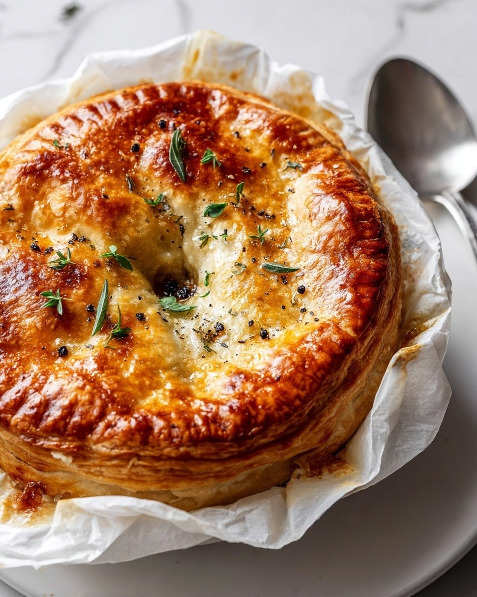 French Chicken and Mushroom Pie (Tourte) Recipe - Serving Photo — French Chicken and Mushroom Pie, Tourte, savory chicken mushroom pie, French comfort food, puff pastry chicken pie