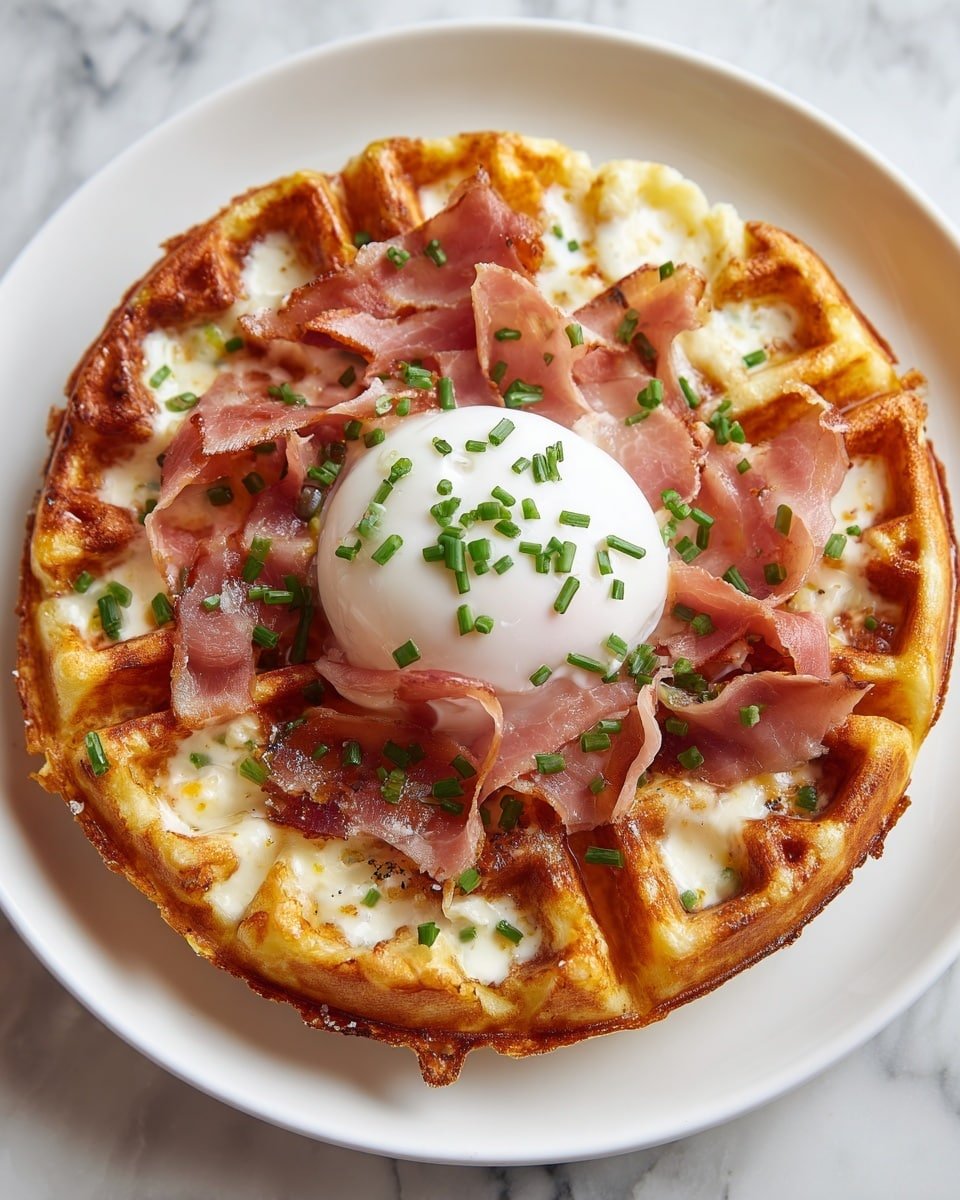 Croque Madame Waffles Recipe - Serving Photo — Croque Madame Waffles, savory waffles with ham and cheese, gourmet brunch ideas, easy French inspired breakfast, cheesy waffle breakfast
