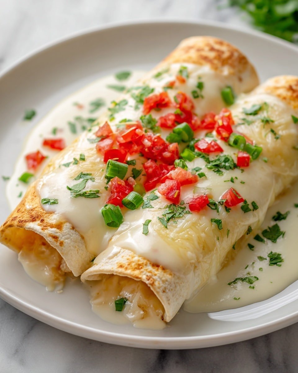 Chicken Enchiladas with Sour Cream White Sauce Recipe - Serving Photo — Chicken Enchiladas with Sour Cream White Sauce, creamy chicken enchiladas, cheesy white sauce enchiladas, easy chicken enchiladas, comfort food recipes