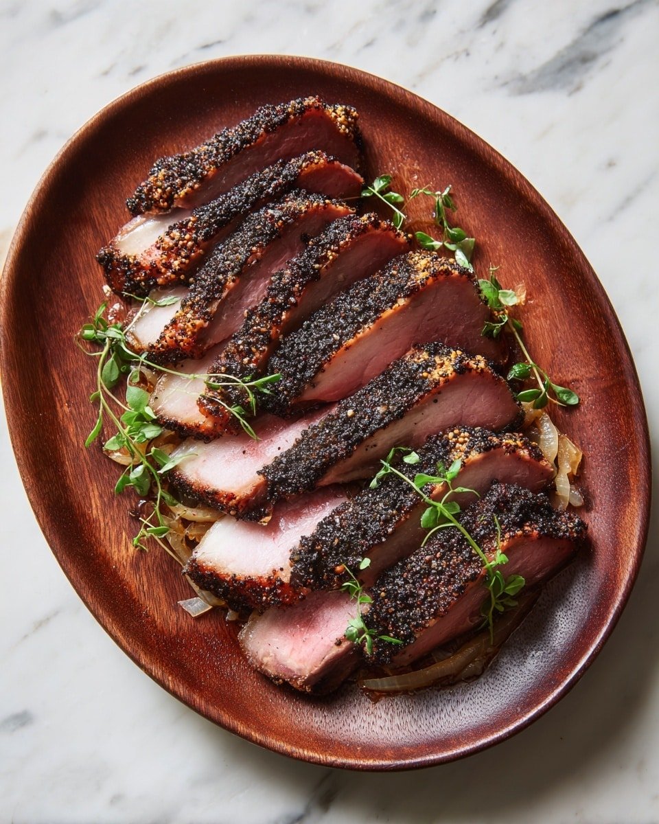 Maple Mustard Pork Tenderloin with Caramelized Onions Recipe - Serving Photo — Maple Mustard Pork Tenderloin with Caramelized Onions, pork tenderloin with maple mustard, caramelized onion pork dish, easy pork dinner recipe, elegant pork main course