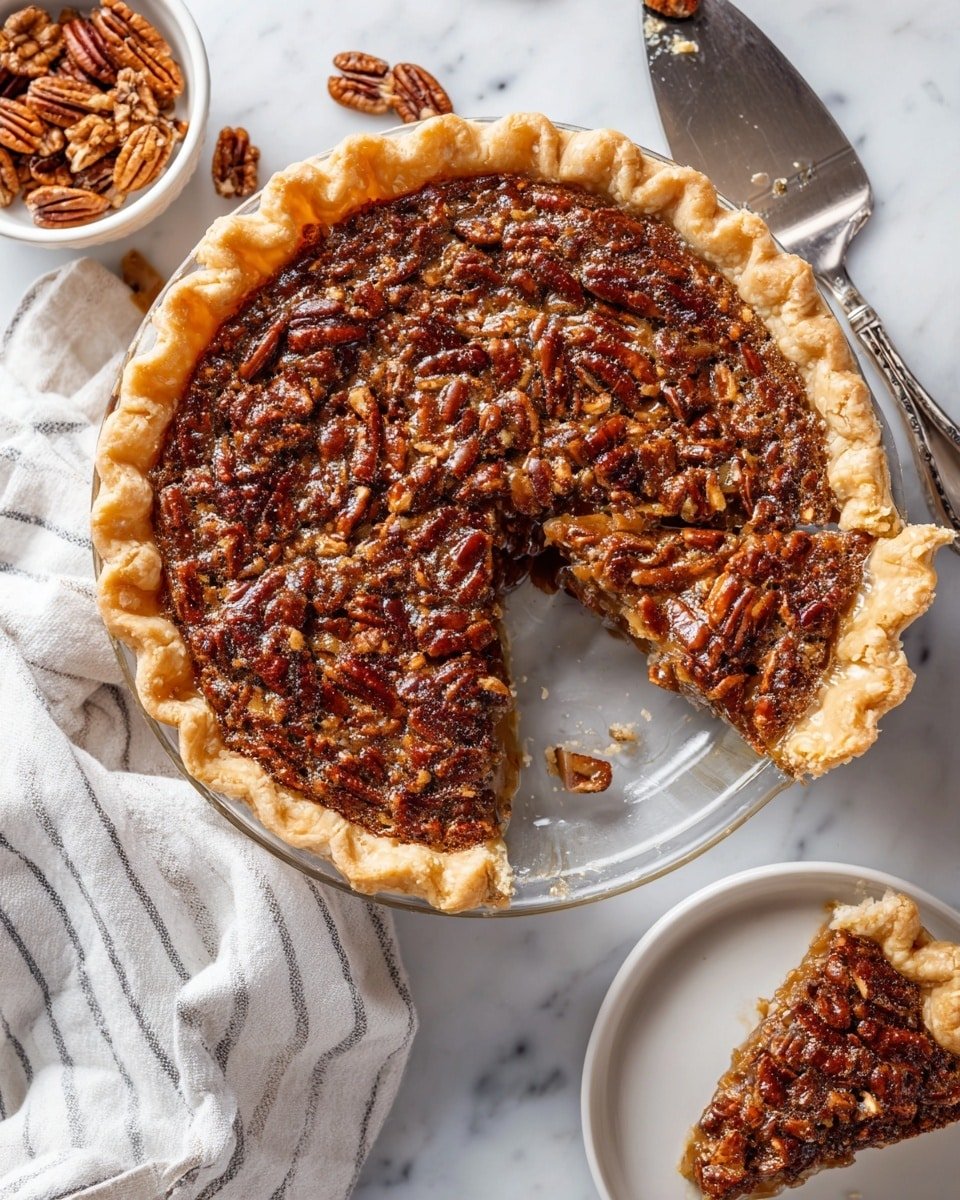 Praline Pumpkin Pie Recipe - Serving Photo — Praline Pumpkin Pie, pumpkin pie with praline, fall dessert recipes, holiday pumpkin pie, pecan topping pumpkin pie