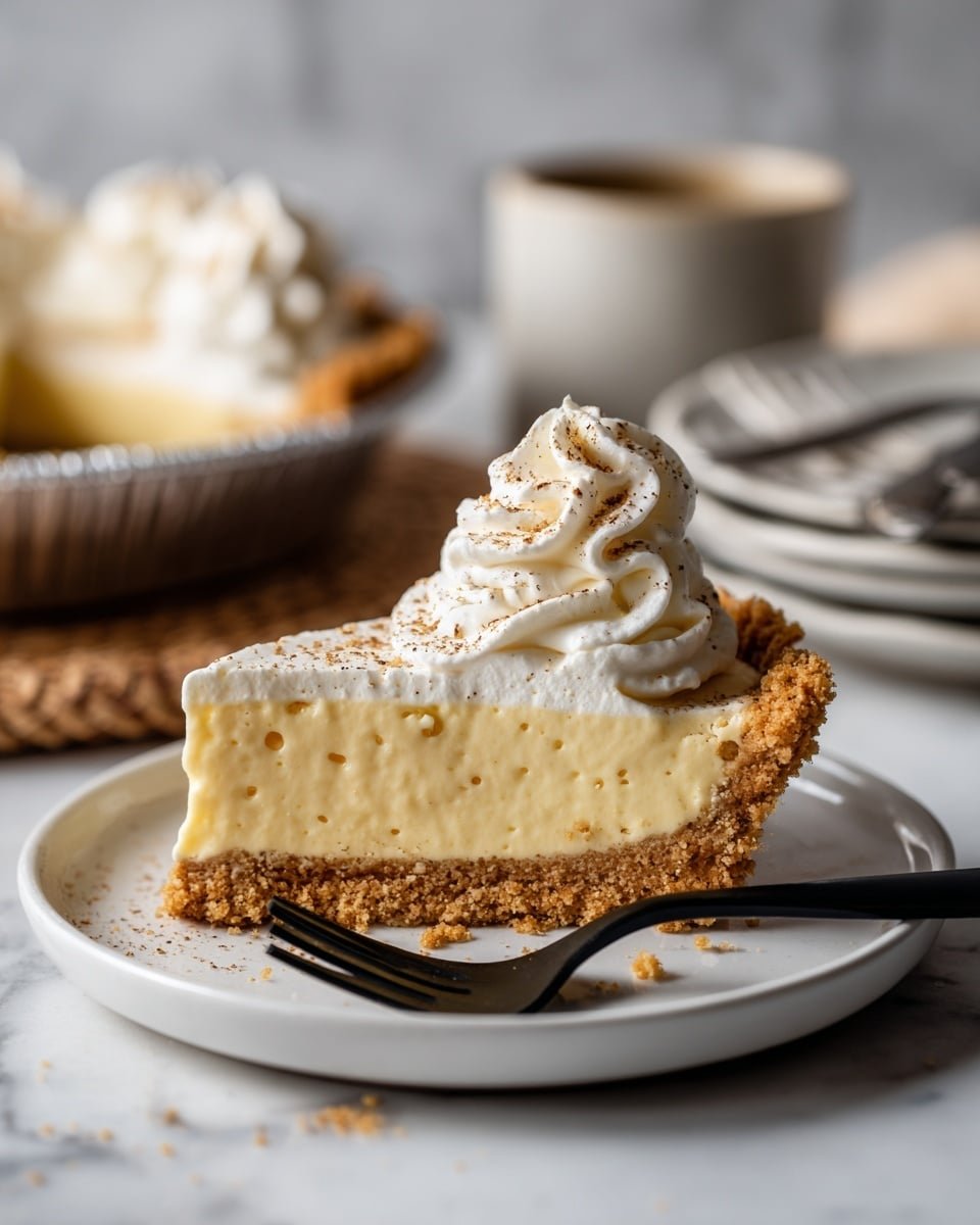 No Bake Eggnog Pie Recipe - Serving Photo — No Bake Eggnog Pie, Eggnog Pie, Festive Holiday Dessert, No Bake Christmas Pie, Easy Eggnog Pie