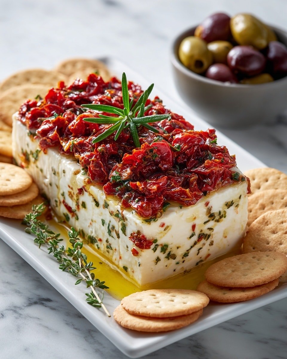 Cheese Log with Roasted Peppers, Salami, and Sun-Dried Tomatoes Recipe - Serving Photo — Cheese Log with Roasted Peppers, Salami, and Sun-Dried Tomatoes,cheese log appetizer, savory cheese ball, holiday appetizer recipes, easy party snacks