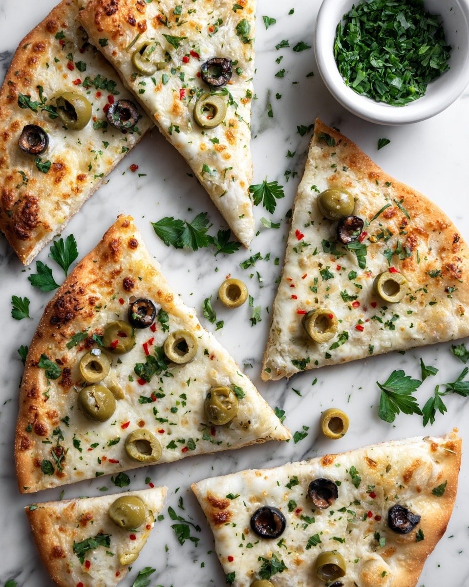 The image shows several slices of white pizza with a thin crust, topped with melted white cheese that has slightly browned spots. On top, there are green and black olive slices scattered evenly, with small bits of red pimento inside the green olives, adding color contrast. Fresh green parsley leaves are sprinkled over the whole pizza and around the slices on a white marbled surface. A small white bowl filled with chopped fresh parsley is visible in the corner, with more parsley leaves scattered around it. The pizza slices are laid out in an irregular pattern with a few loose olive slices scattered nearby. Photo taken with an iphone --ar 4:5 --v 7 — Olive Cheese Bread, savory cheese bread with olives, easy cheesy olive bread, quick olive cheese treat, homemade olive cheese loaf