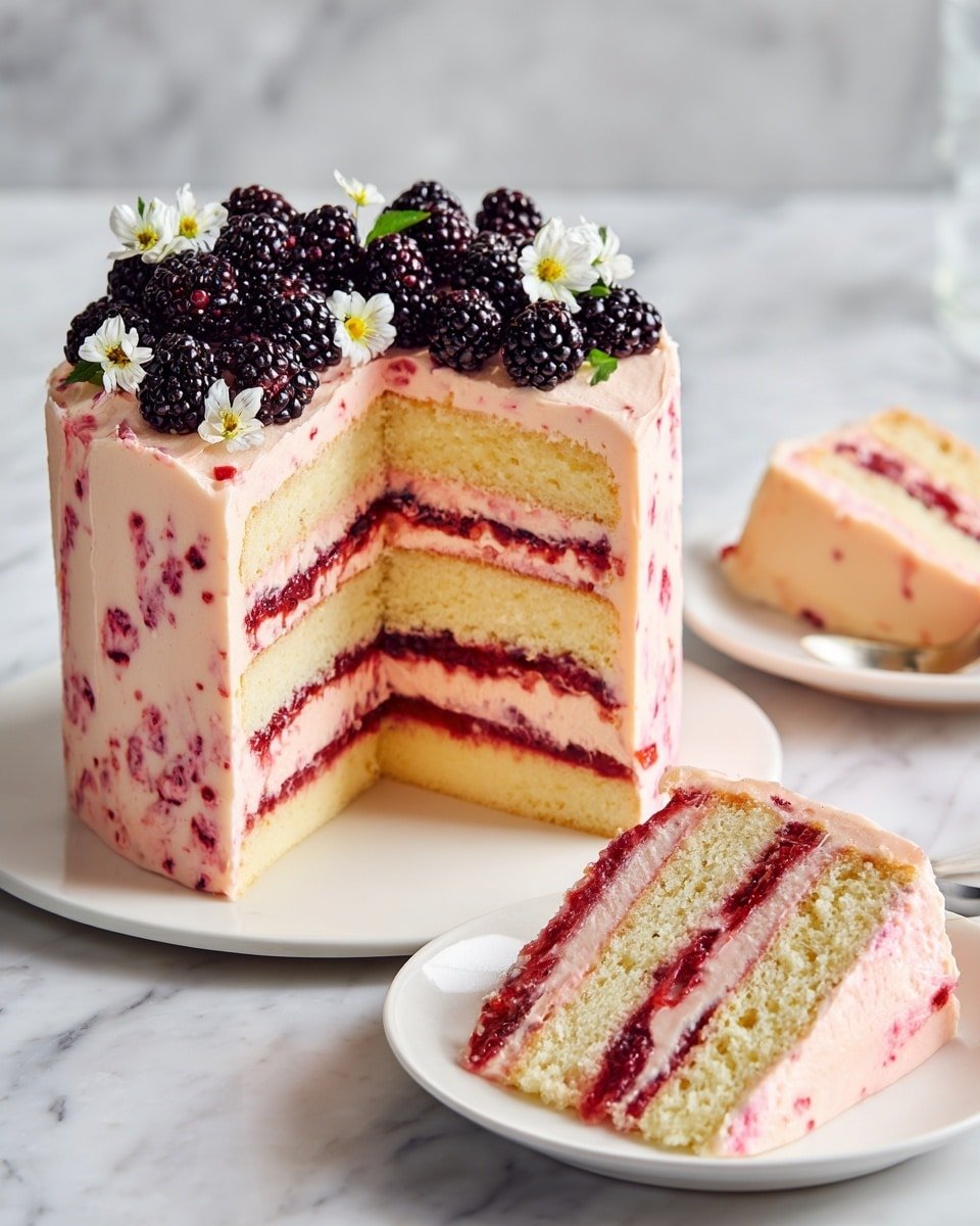 Blackberry Layer Cake Recipe - Serving Photo — Blackberry Layer Cake, Blackberry Layer Cake recipe, summer berry cake, vanilla blackberry cake, homemade berry dessert