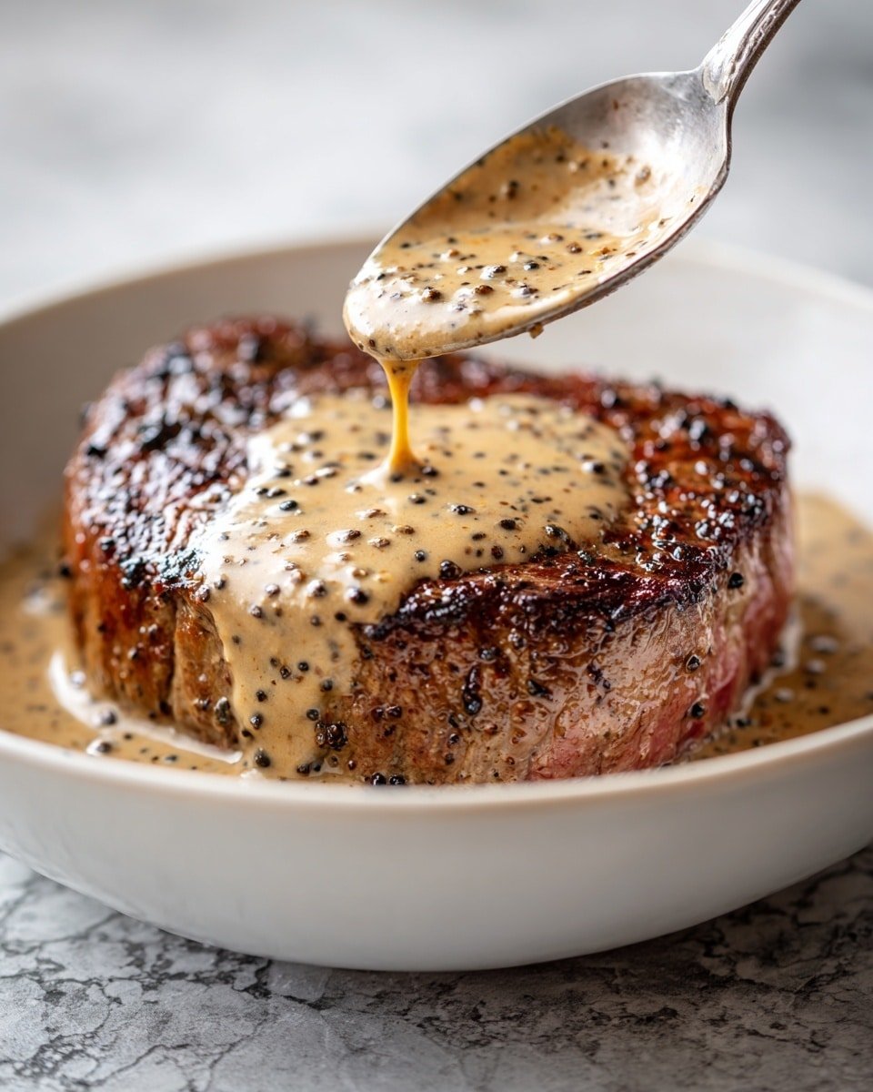 Creamy Peppercorn Sauce Recipe - Serving Photo — Creamy Peppercorn Sauce, Peppercorn Steak Sauce, Easy Steak Sauce, Rich Beef Sauce, Homemade Peppercorn Sauce