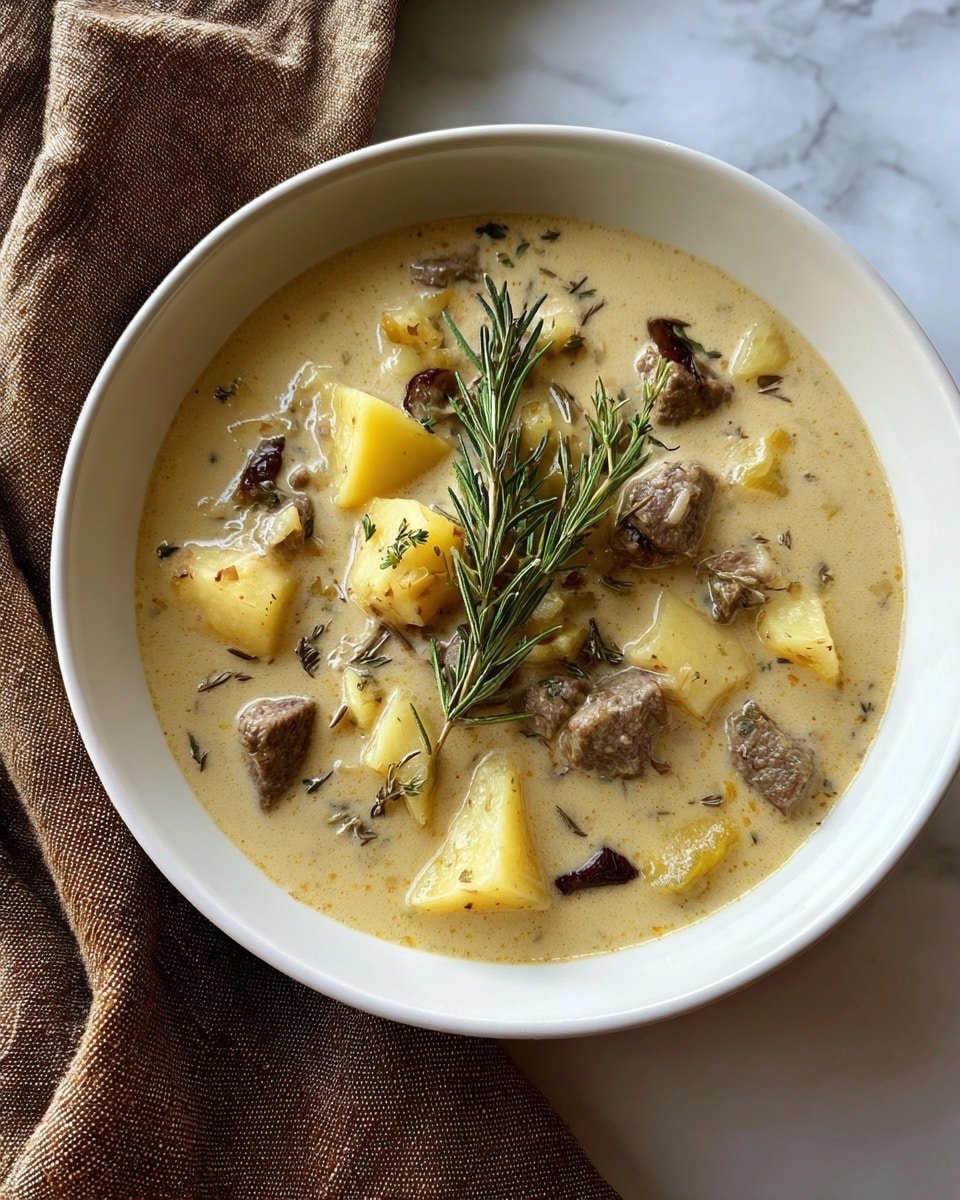 Creamy Steak & Potato Soup Recipe - Serving Photo — Creamy Steak & Potato Soup, hearty steak and potato soup, easy comfort soup with steak, savory creamy beef and potato chowder, quick steak and potato dinner