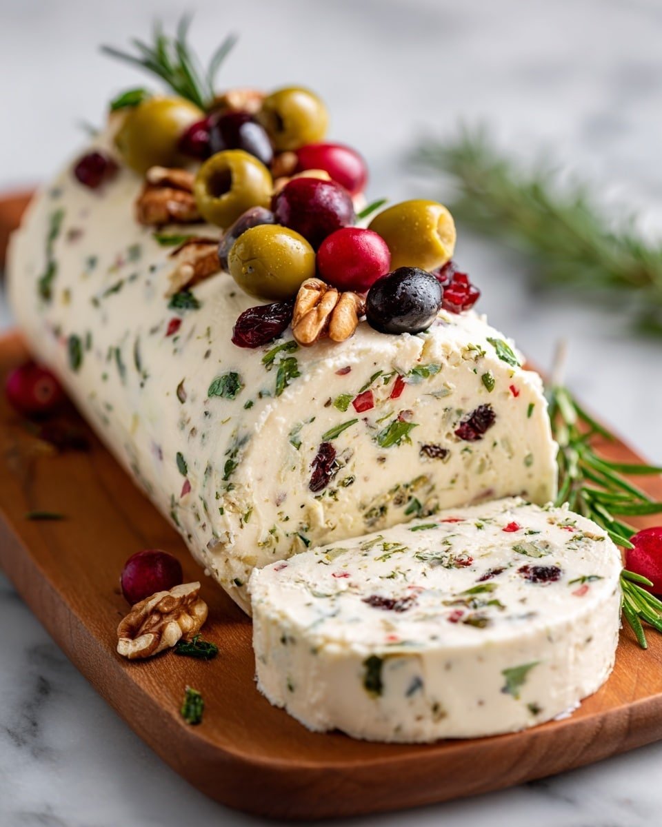 Festive Holiday Antipasto Cream Cheese Log Recipe - Serving Photo — Festive Holiday Antipasto Cream Cheese Log, holiday appetizer spread, holiday cheese log recipe, festive party appetizer, easy holiday appetizer