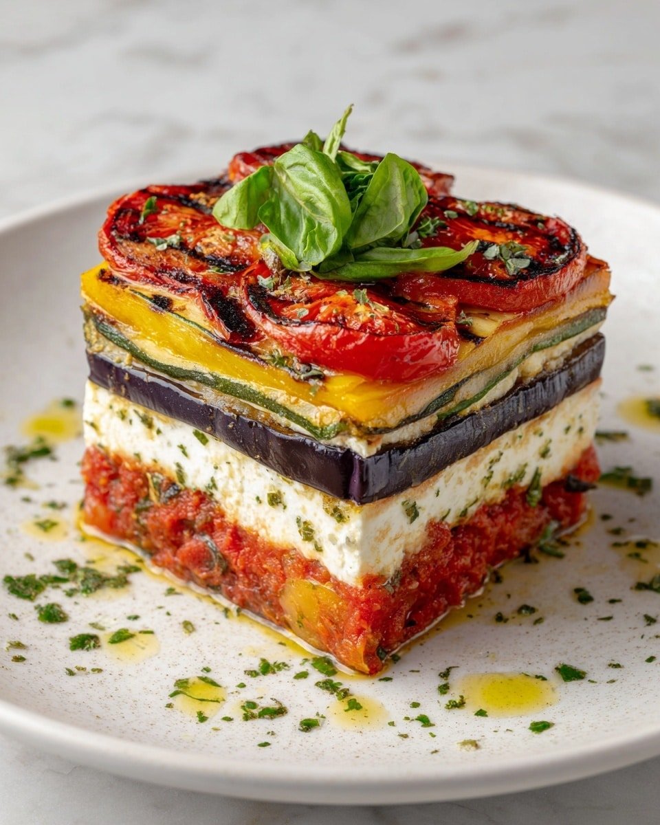 Layered Mediterranean Vegetable Lasagna with Creamy Ricotta Recipe - Serving Photo — Layered Mediterranean Vegetable Lasagna, Mediterranean Vegetable Lasagna with Creamy Ricotta, veggie lasagna recipes, healthy Mediterranean lasagna, vegan-friendly lasagna ideas