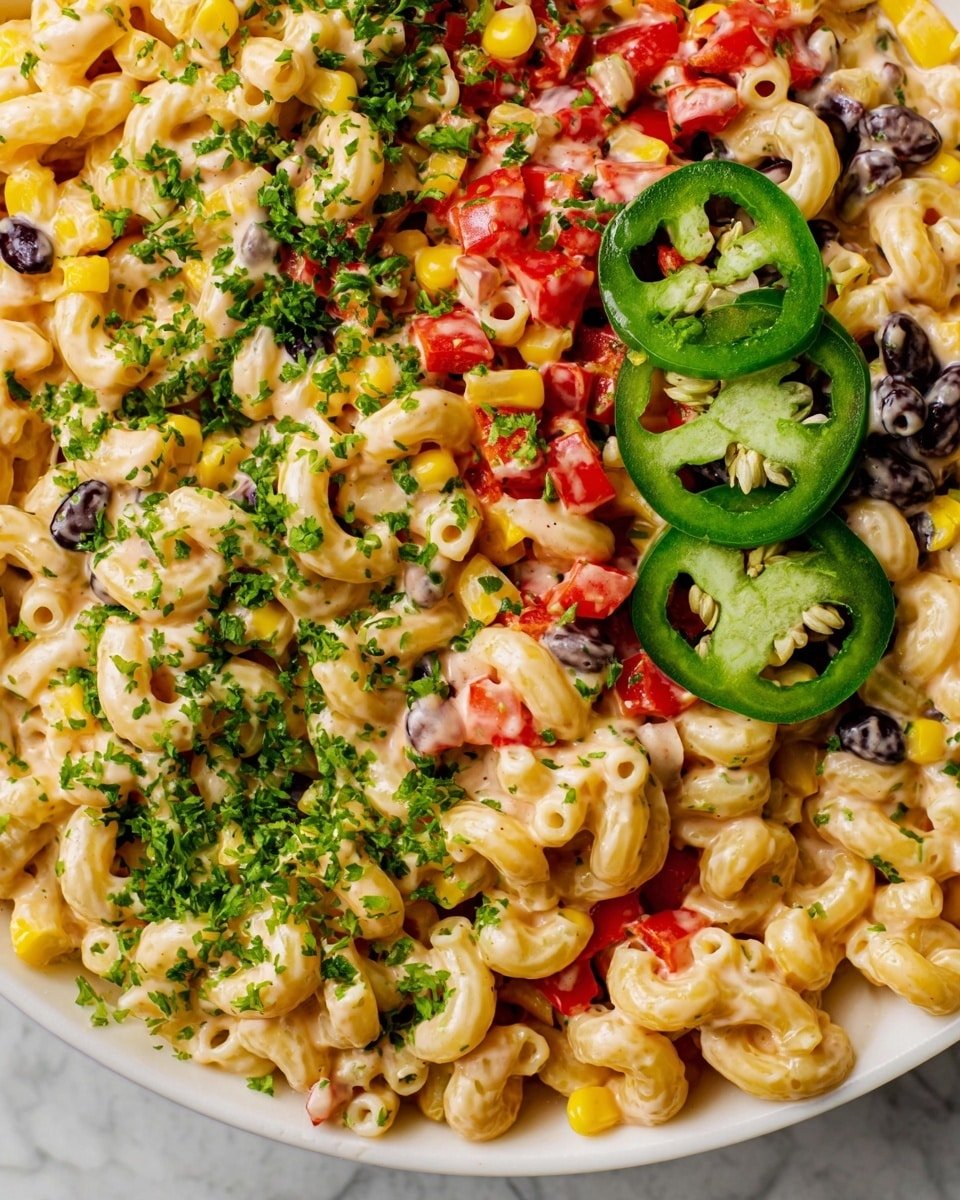 Mexican Macaroni Salad Recipe - Recipe Image — Mexican Macaroni Salad, Mexican macaroni salad recipe, easy Mexican pasta salad, summer Mexican salad, Mexican corn pasta salad