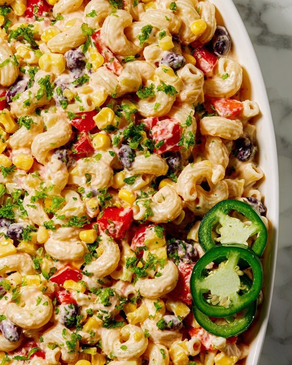 Mexican Macaroni Salad Recipe - Serving Photo — Mexican Macaroni Salad, Mexican macaroni salad recipe, easy Mexican pasta salad, summer Mexican salad, Mexican corn pasta salad