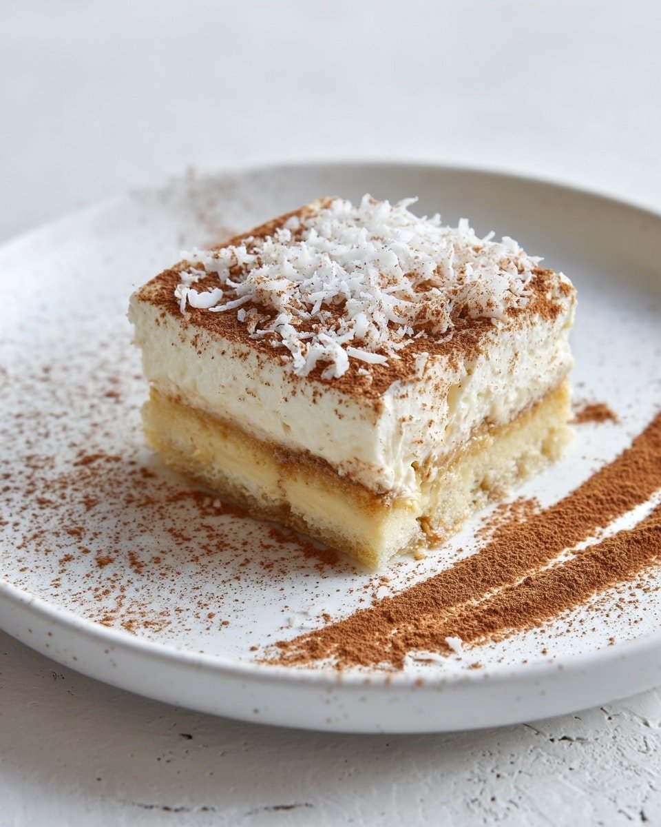 Coconut Rum (Coquito) Tiramisu Recipe - Recipe Image — Coconut Rum Tiramisu, tropical coconut tiramisu, boozy dessert recipes, easy coquito tiramisu, festive tiramisu with rum