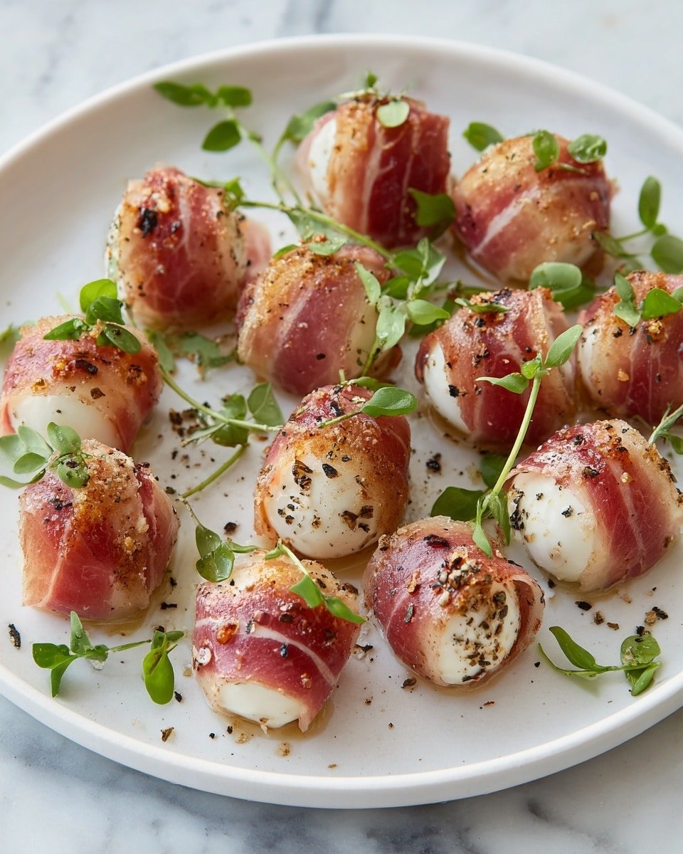 The image shows a white plate filled with small round balls wrapped in thin, pink slices of cured meat, each sprinkled with small green herb leaves and coarse black pepper. The balls have a smooth white surface peeking through the meat wrap. Around the plate, thin herb sprigs add a touch of fresh green color. The white marbled surface beneath the plate reflects a clean and bright setting. photo taken with an iphone --ar 4:5 --v 7 — Prosciutto Wrapped Mozzarella Bites,prosciutto mozzarella appetizers,easy appetizer recipes,crowd-pleasing finger foods,quick party snacks