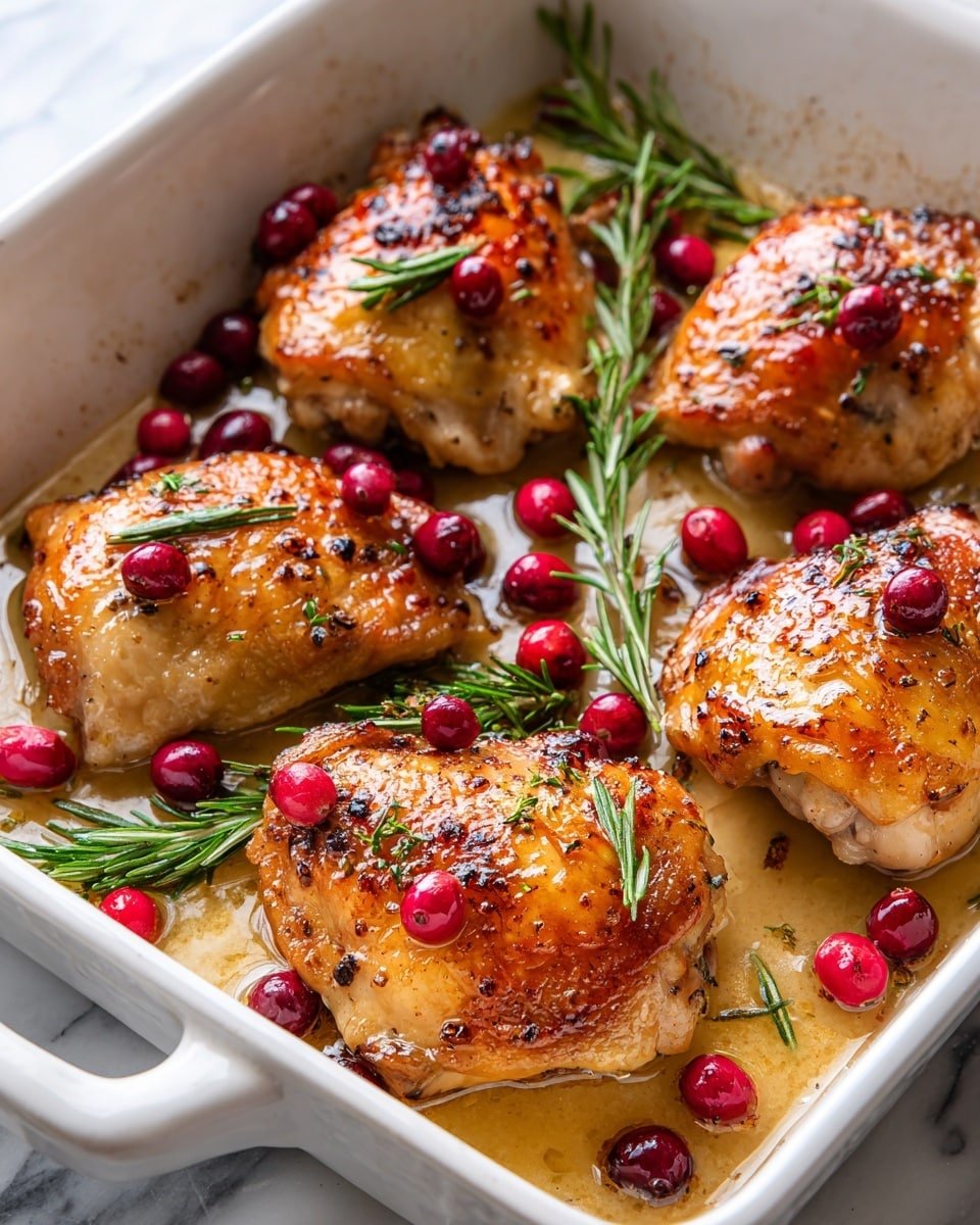 The image shows several golden-brown cooked chicken thighs in a white rectangular baking dish. Each piece has a shiny, slightly crispy skin with small browned spots. There are bright red cranberries scattered on top and around the chicken thighs. Fresh green rosemary sprigs lie between the chicken pieces, adding contrast and texture. The dish is sitting on a white marbled surface, and there is some light brown sauce pooling at the bottom. The close-up view highlights the juicy texture and color of the chicken and the vibrant berries. photo taken with an iphone --ar 4:5 --v 7 — One-Pan Cranberry Rosemary Chicken, cranberry chicken recipe, easy savory chicken dinner, flavorful chicken thighs, holiday dinner ideas