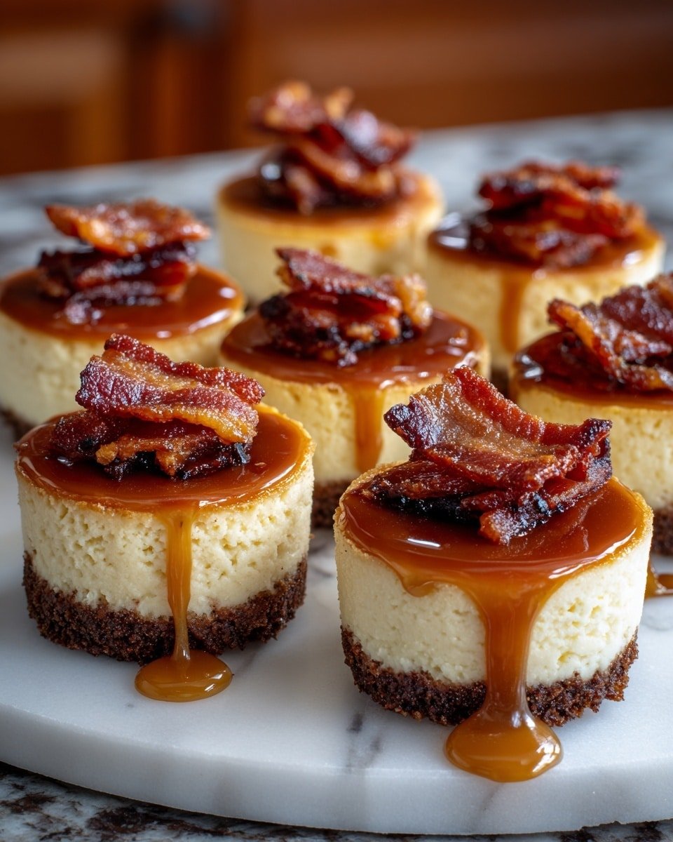The image shows eight small round cheesecakes arranged on a white plate, each with three layers: a dark brown crumbly base, a thick creamy pale yellow middle layer, and a smooth caramel-colored top layer. Crispy pieces of dark reddish-brown bacon rest on top of each cheesecake, and caramel sauce drips down the sides and pools slightly on the white marbled surface beneath the plate. The background is blurred wooden kitchen cabinets, giving a warm, cozy feel. photo taken with an iphone --ar 4:5 --v 7 — Indulgent Spicy Maple Bacon Cheesecake Bites, spicy bacon cheesecake bites, maple bacon appetizer, sweet spicy savory snack, bite-sized bacon cheesecake
