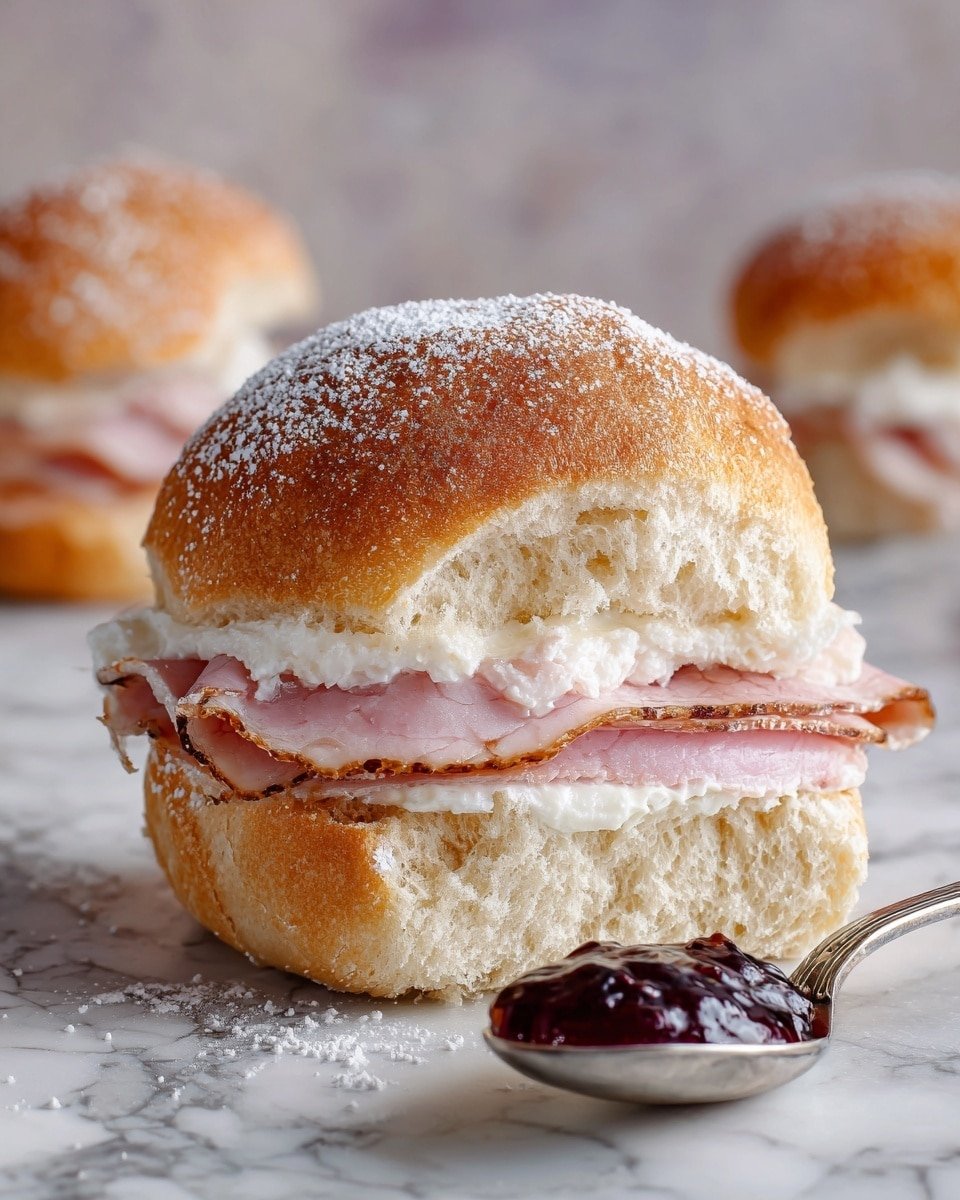 A close-up of a sandwich showing four layers inside a soft, golden bread bun dusted with white powdered sugar on top. The bottom layer is light brown bread, above it is a pale cream-colored layer, likely melted cheese, then a thin, pink layer of ham, topped with a browned melted cheese layer that extends slightly out of the bread on one side. The sandwich is resting on a white marbled surface. In front, there is a shiny silver spoon filled with dark red jam. The background shows a blurred part of another similar sandwich. Photo taken with an iphone --ar 4:5 --v 7 — Monte Cristo Sliders, Monte Cristo sandwich, party sliders, savory ham and turkey sliders, cheese appetizer ideas