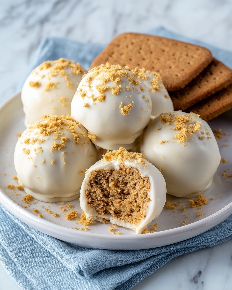 There are six round truffles on a white plate, each coated in smooth white chocolate with a few golden crumbs sprinkled on top. One truffle is cut open at the front, showing a dense, crumbly, brown filling inside. Behind the truffles, there are three rectangular brown cookies leaning against each other. The plate sits on a white marbled surface with a light blue cloth under it. photo taken with an iphone --ar 4:5 --v 7 — Easy Biscoff Truffles, Biscoff Truffles, no-bake Biscoff treats, creamy Biscoff dessert, holiday sweets with Biscoff