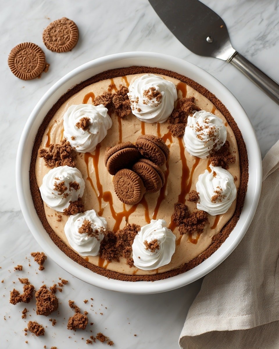 The image shows a white pie dish filled with a three-layer dessert. The bottom layer is a smooth light brown cream or mousse spread evenly across the dish. On top of this, there are dollops of white whipped cream placed evenly around the edge. Crushed brown cookie pieces are sprinkled over the whipped cream and the light brown cream layer. In the center, five whole brown cookies are arranged standing up in a small cluster. Light brown sauce is drizzled in thin lines over the whipped cream, cookies, and cream layer. The dish is placed on a white marbled surface, with some broken cookie pieces scattered near the dish, along with a metal cake server and a beige cloth to the side. Photo taken with an iphone --ar 4:5 --v 7 — Creamy No-Bake Cookie Butter Pie, no-bake cookie butter dessert, easy cookie butter pie, indulgent cookie butter treat, simple no-bake pie recipes