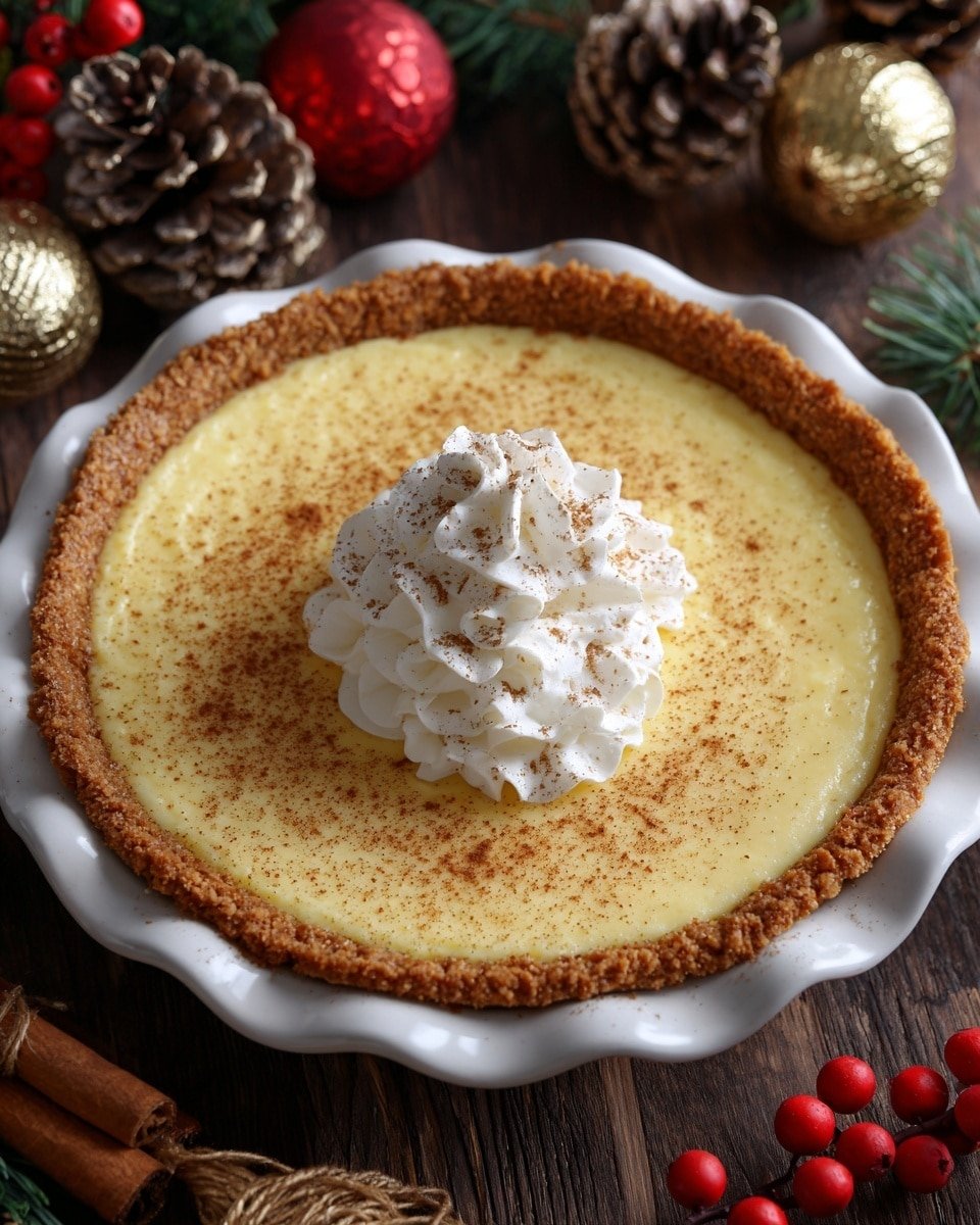 This image shows a creamy yellow pie with a crimped golden-brown crust around the edge. The pie has one smooth, thick layer of custard filling that covers the whole surface. On top, there is a dollop of white whipped cream in the center, with a light dusting of brown cinnamon powder scattered mostly around the cream and across the filling. The pie is on a white fluted pie plate, placed on a dark wooden table with Christmas decorations like pinecones, red berries, cinnamon sticks, and shiny gold and red ornaments in the background. Photo taken with an iphone --ar 4:5 --v 7 — Christmas Eve Cinnamon-Vanilla Creamy Custard Pie, holiday custard pie with cinnamon and vanilla, festive creamy custard dessert, easy holiday pie recipe, seasonal Christmas dessert